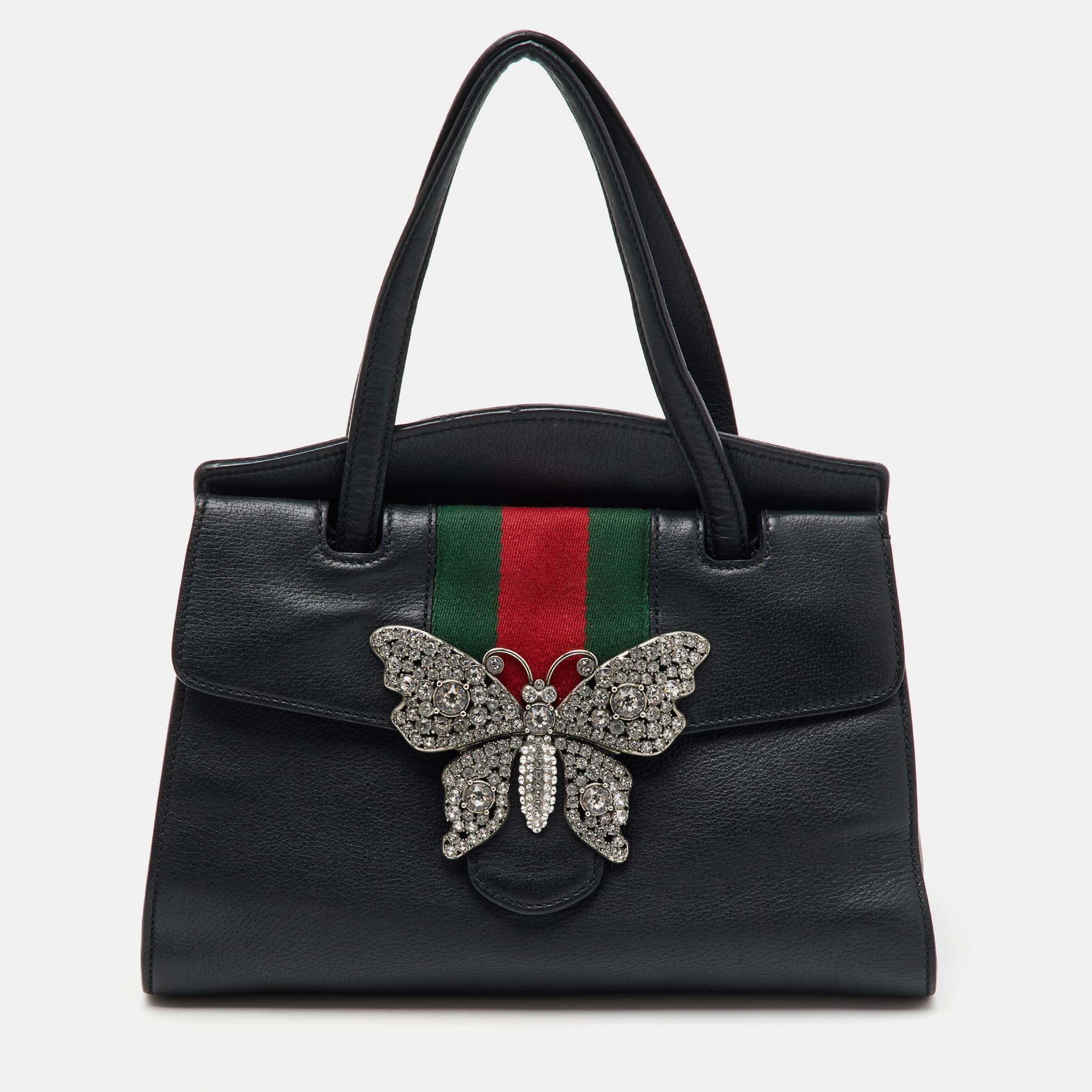 Gucci Black Leather Medium Web Butterfly Embellished Medium Linea Totem Tote
