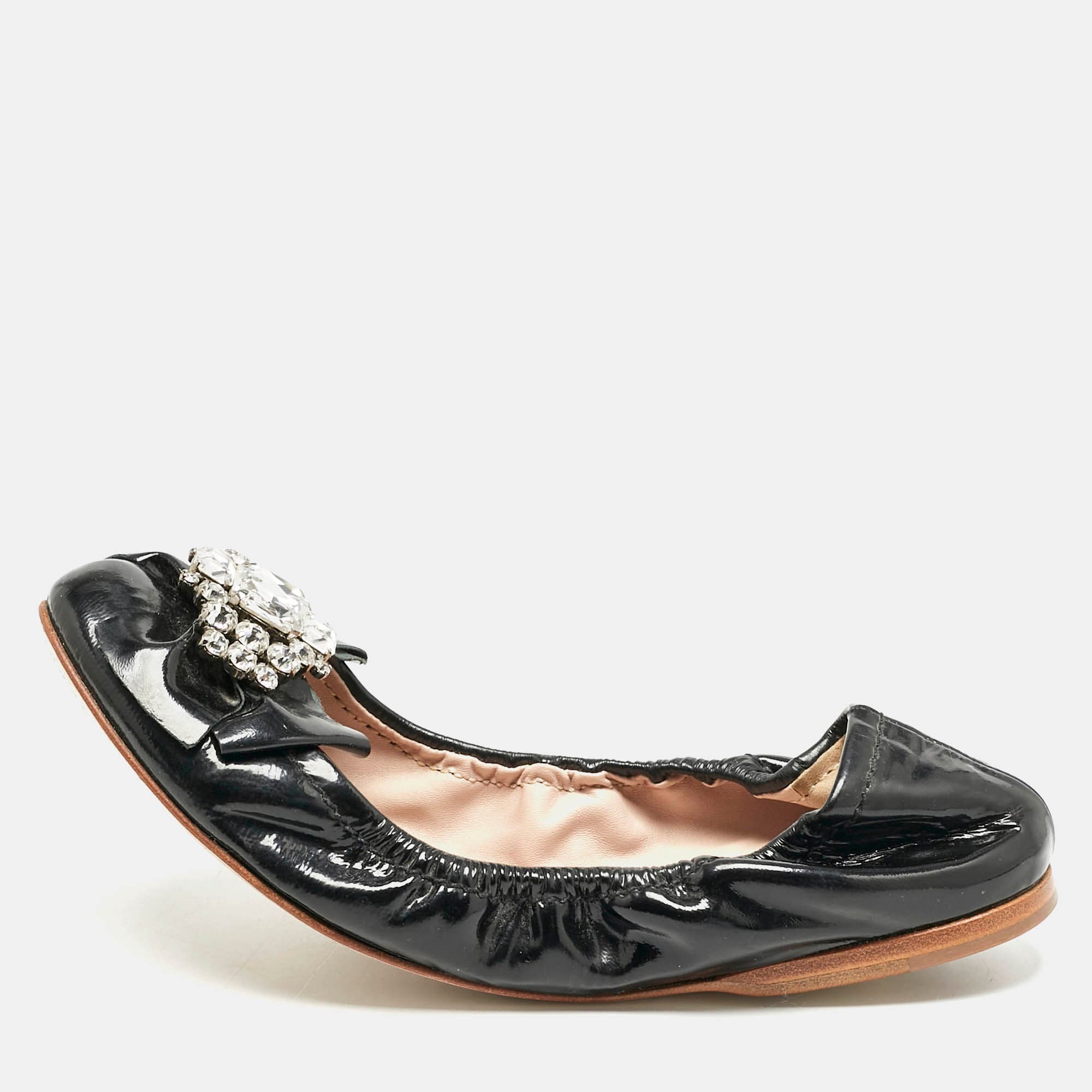 Miu Miu Black Patent Leather Crystal Embellished Scrunch Ballet Flats Size 38