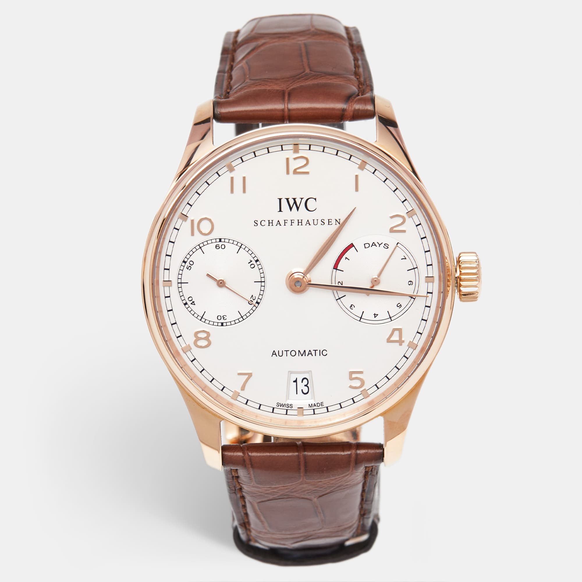 IWC Schaffhausen Portuguese IW5001-01 Silver Dial 18K Rose Gold Alligator Leather Men's Wristwatch 42.30 mm