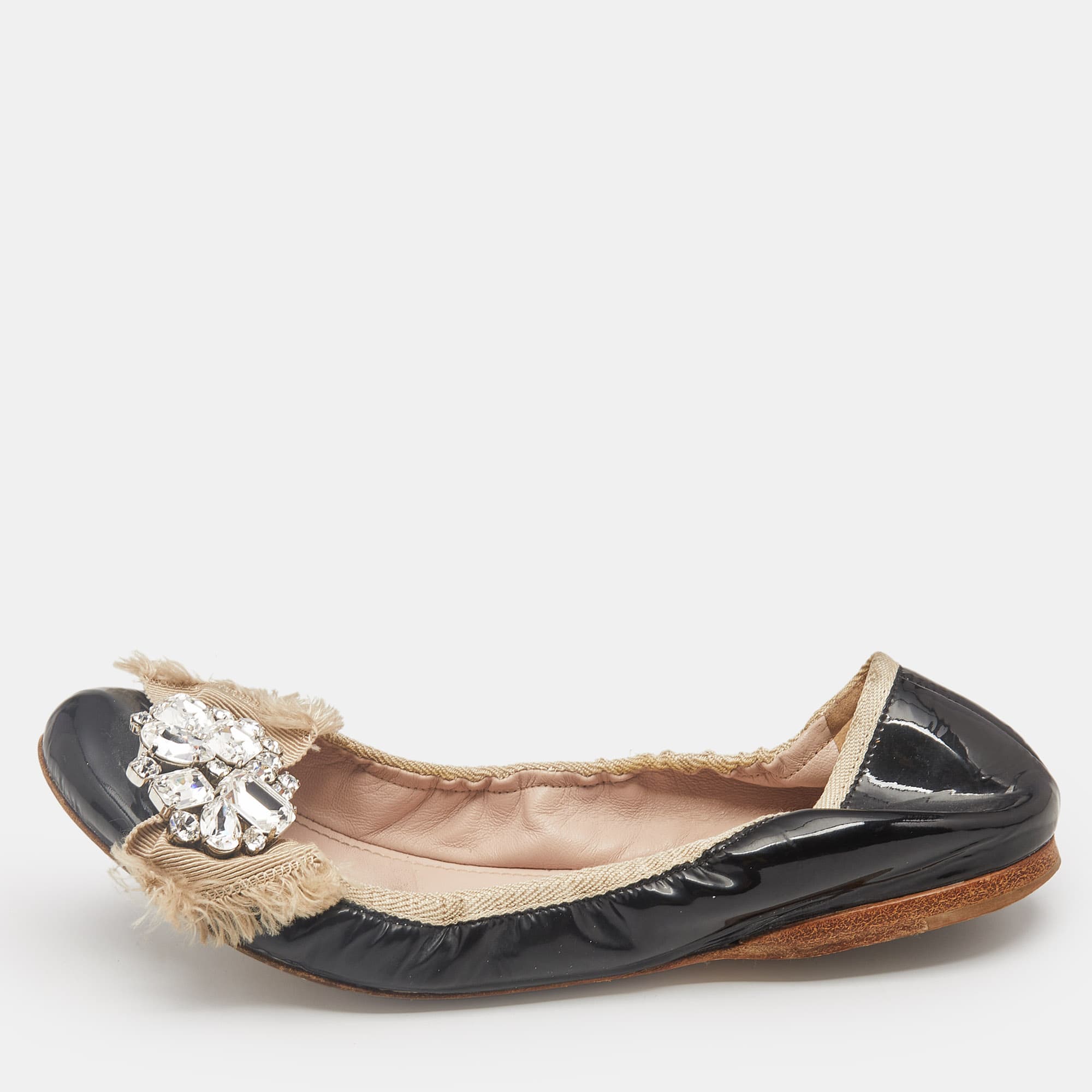 Miu Miu Black Patent Leather Crystal Embellished Scrunch Ballet Flats Size 37.5