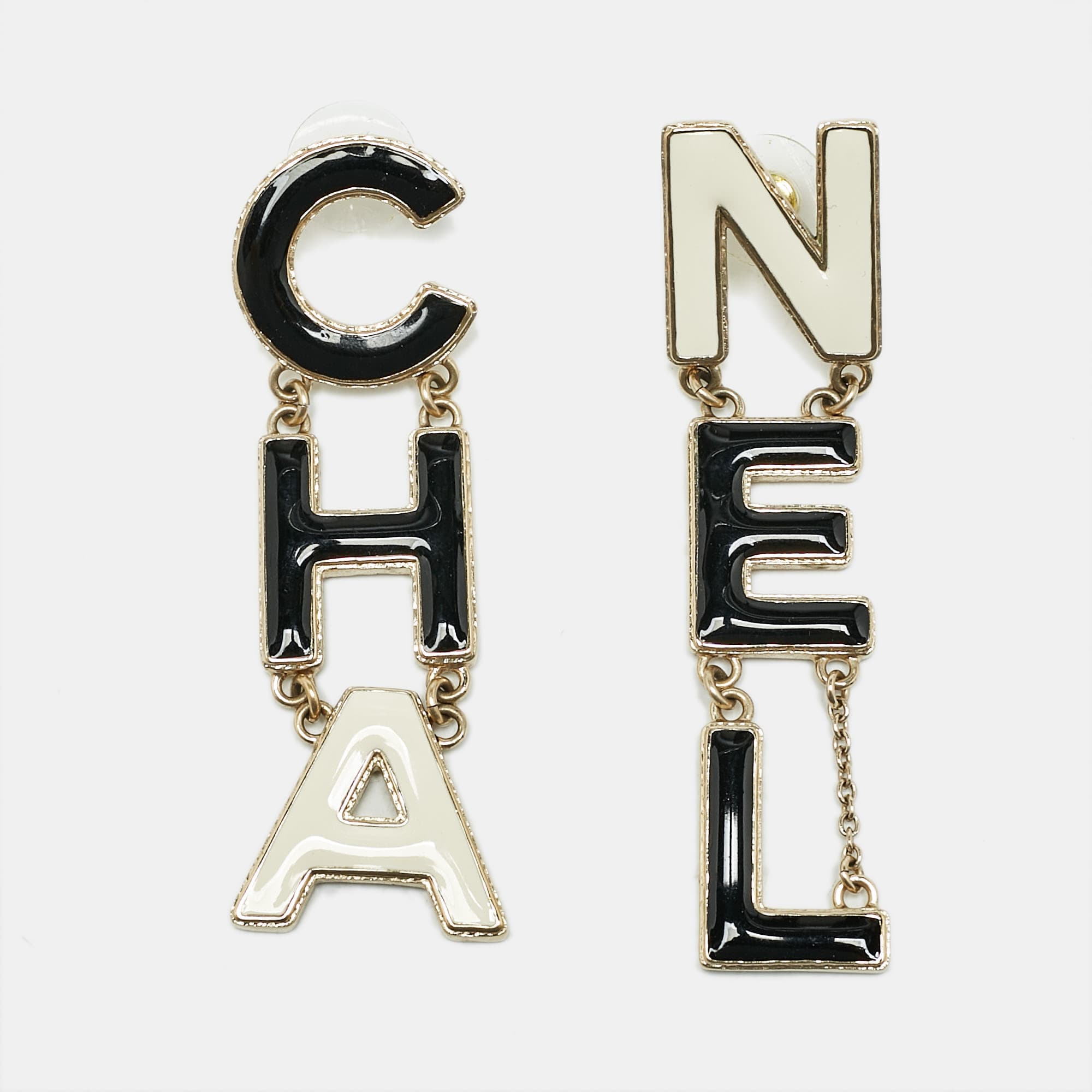 Chanel 'CHA-NEL' Enamel Gold  Tone Drop Earrings