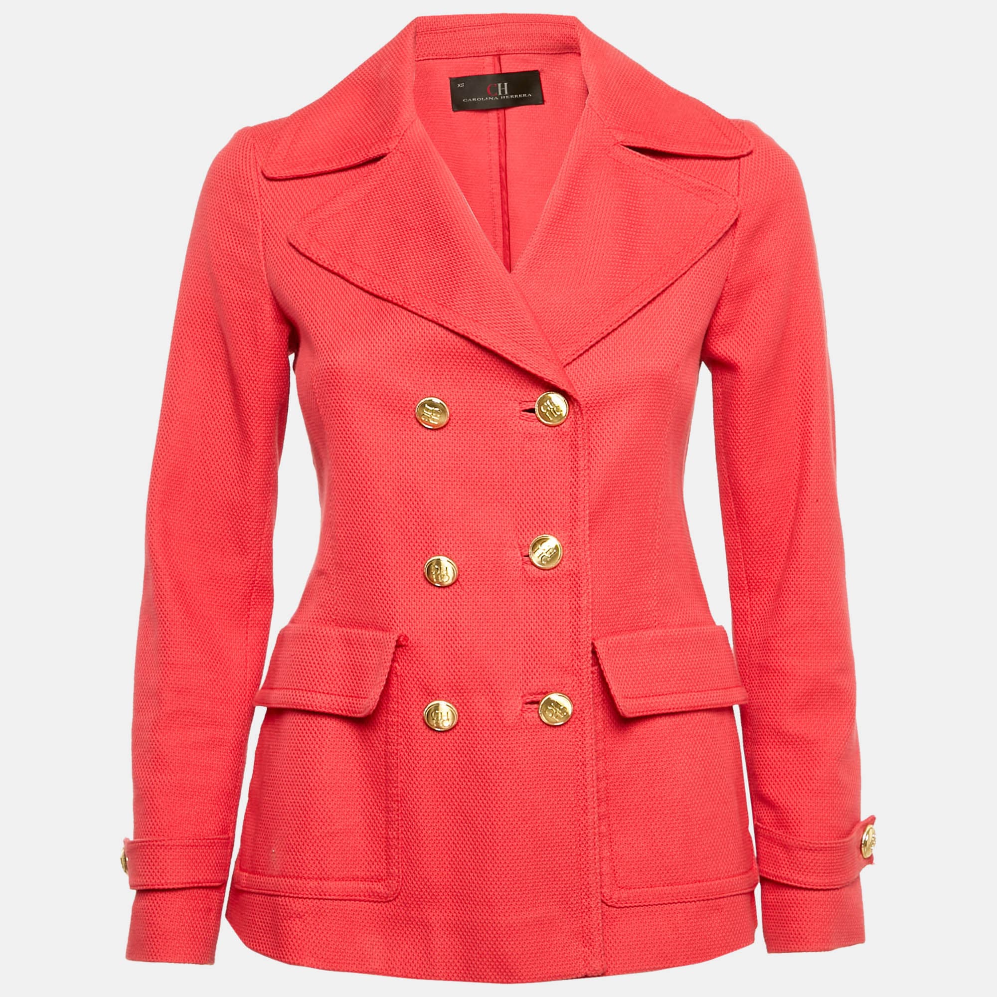 CH Carolina Herrera Red Textured Cotton Double Breasted Coat XS