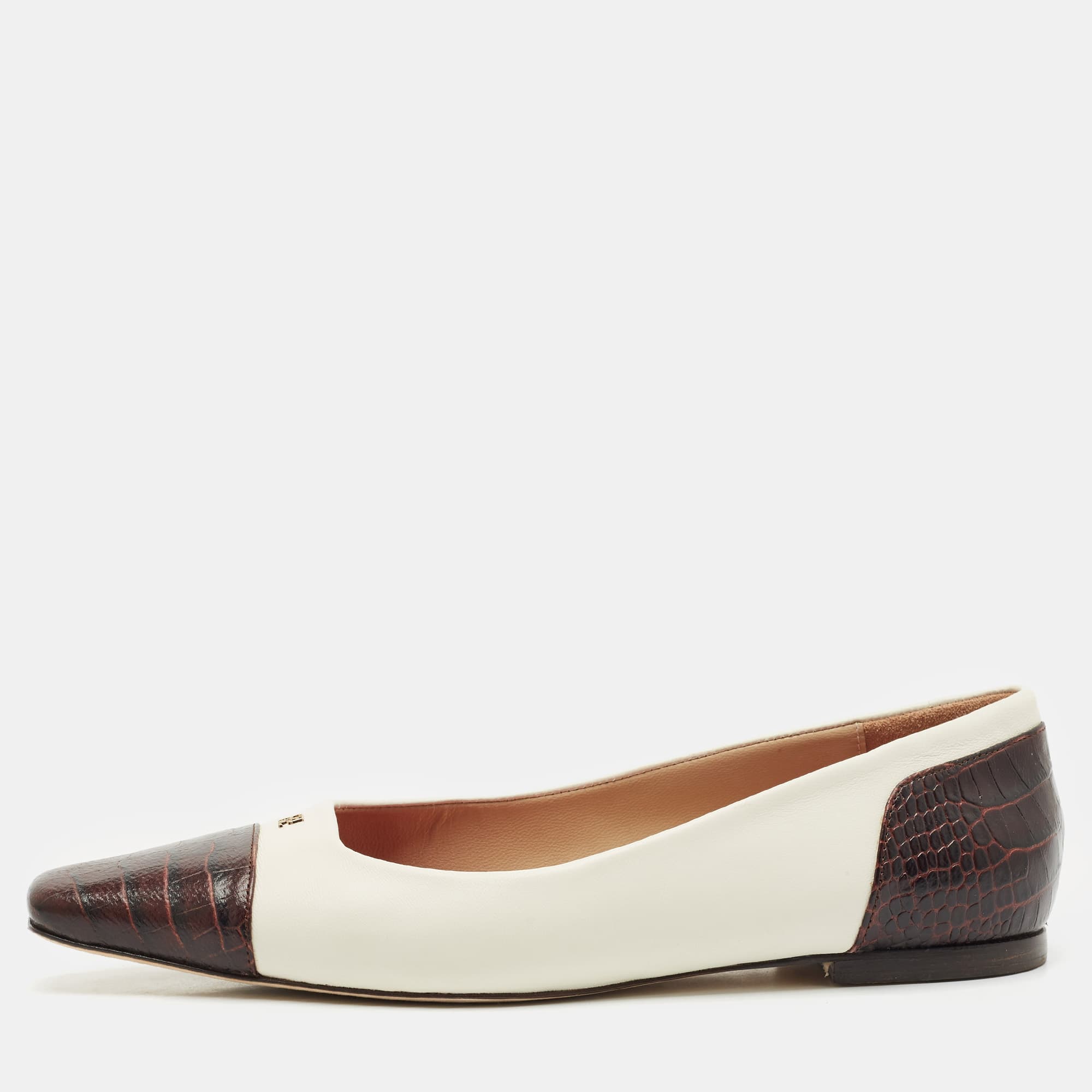 CH Carolina Herrera White/Black Croc Embossed and Leather Ballet Flats Size 37