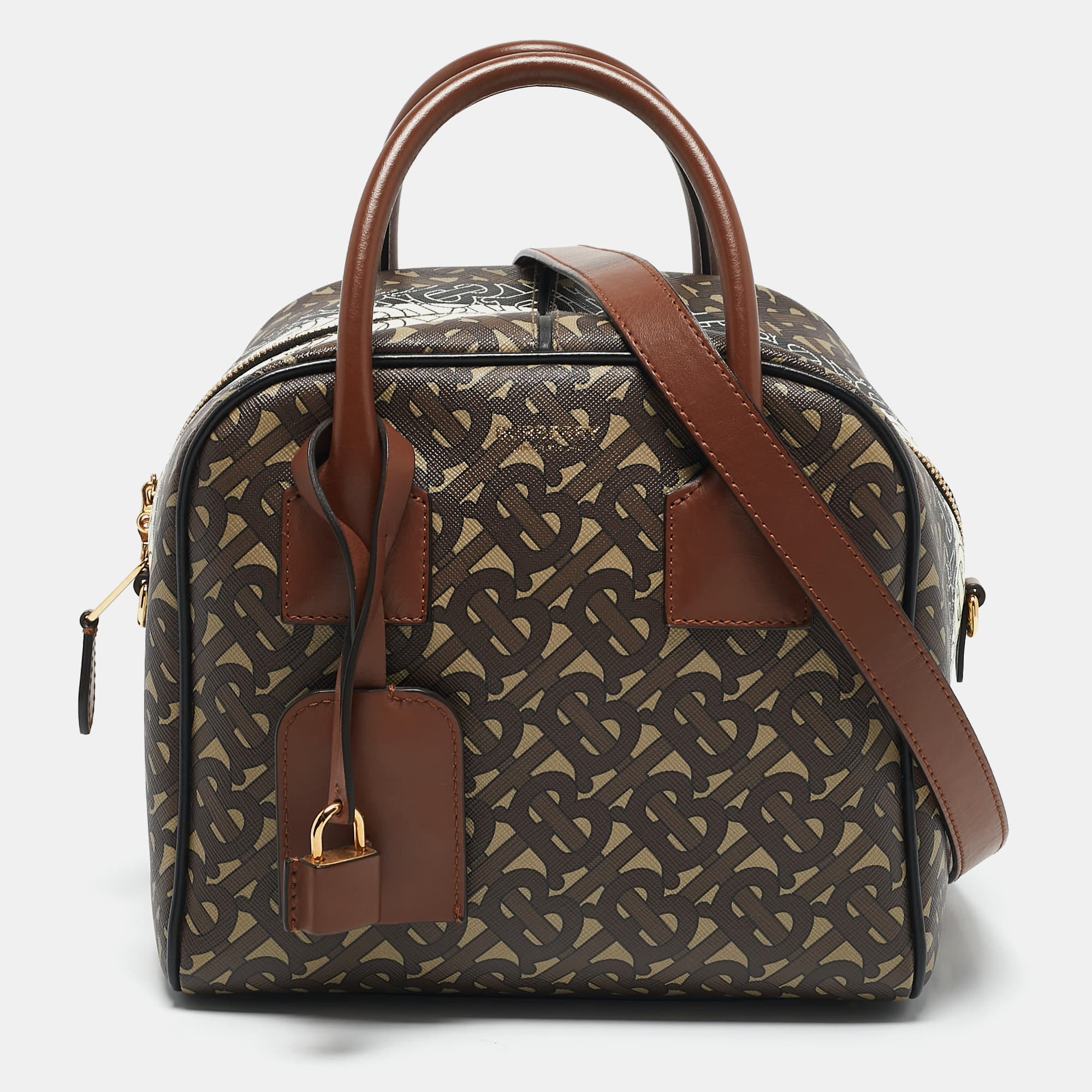 Burberry Brown TB Monogram Coated Canvas and Leather Cube Bowling Bag