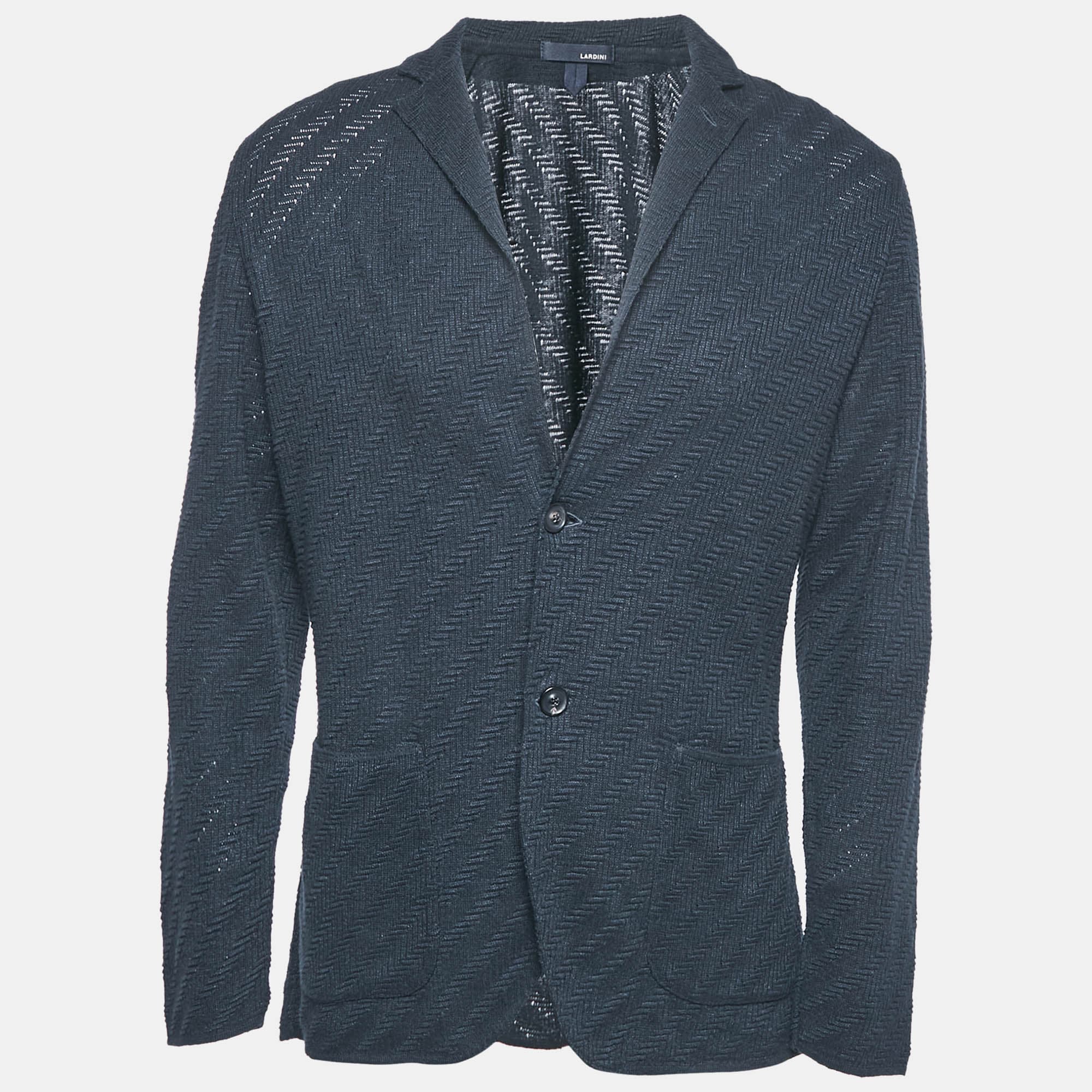 Lardini Navy Blue Knit Single Breasted Blazer M