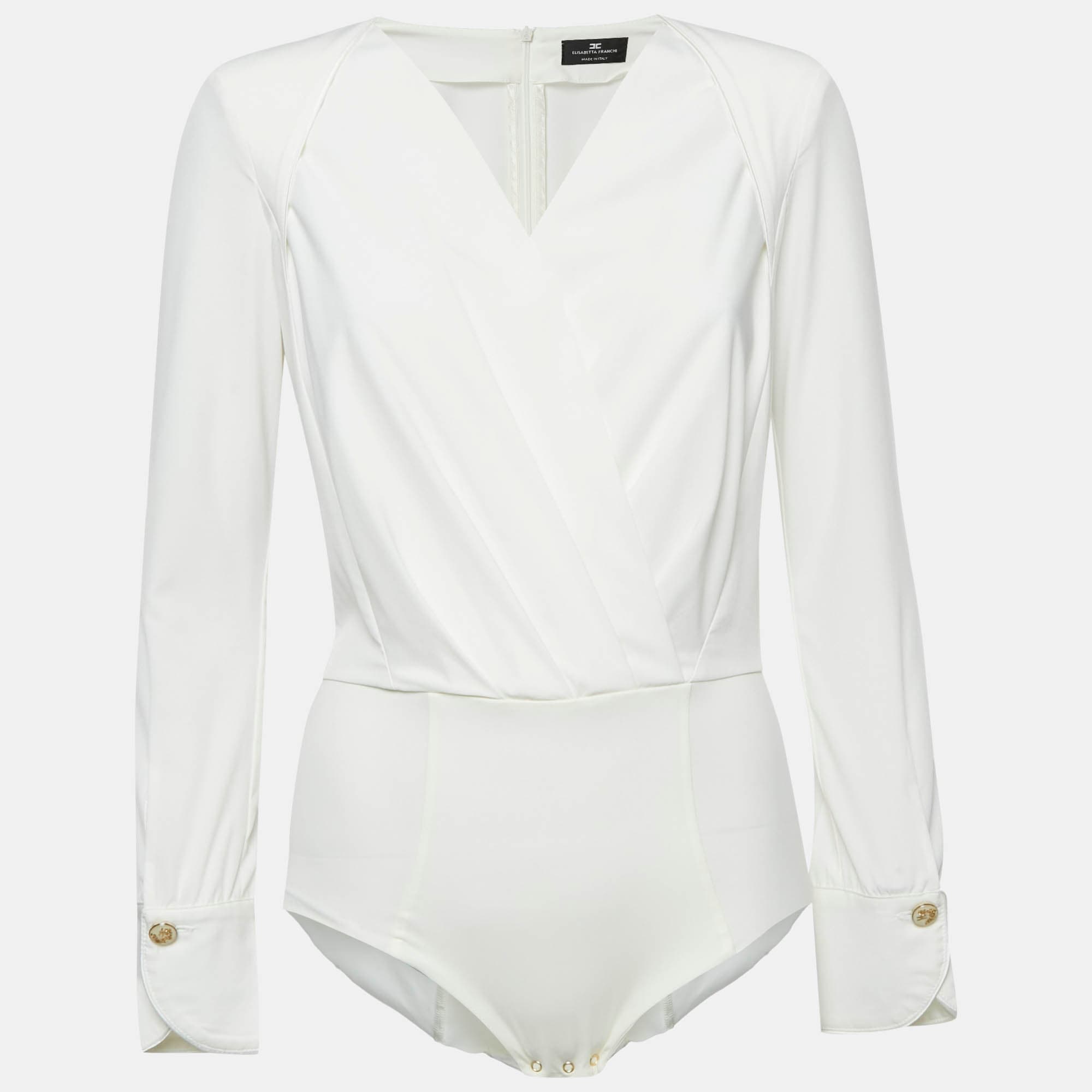 Elisabetta Franchi White Jersey Plunging Neck Bodysuit M