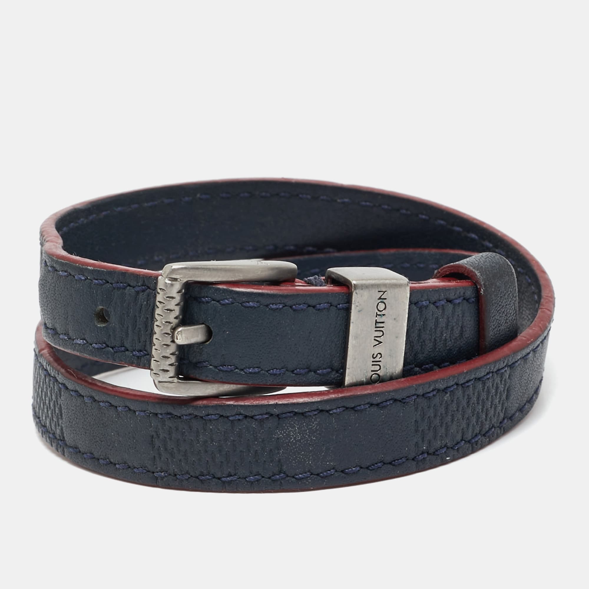 Louis Vuitton Damier Leather Silver Tone Double Tour Bracelet 19