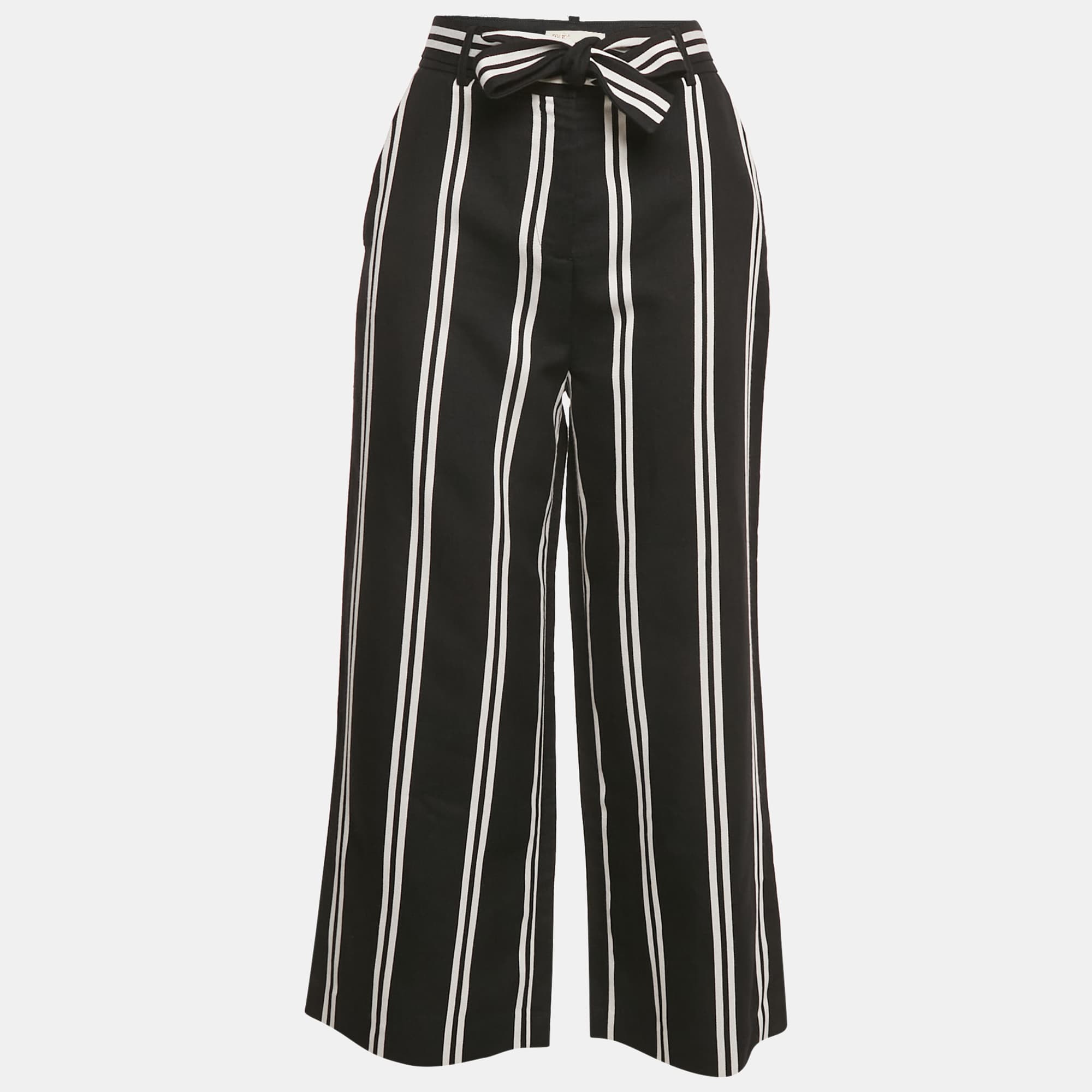 Maje Black Striped Gabardine Belted Wide-Leg Pants S
