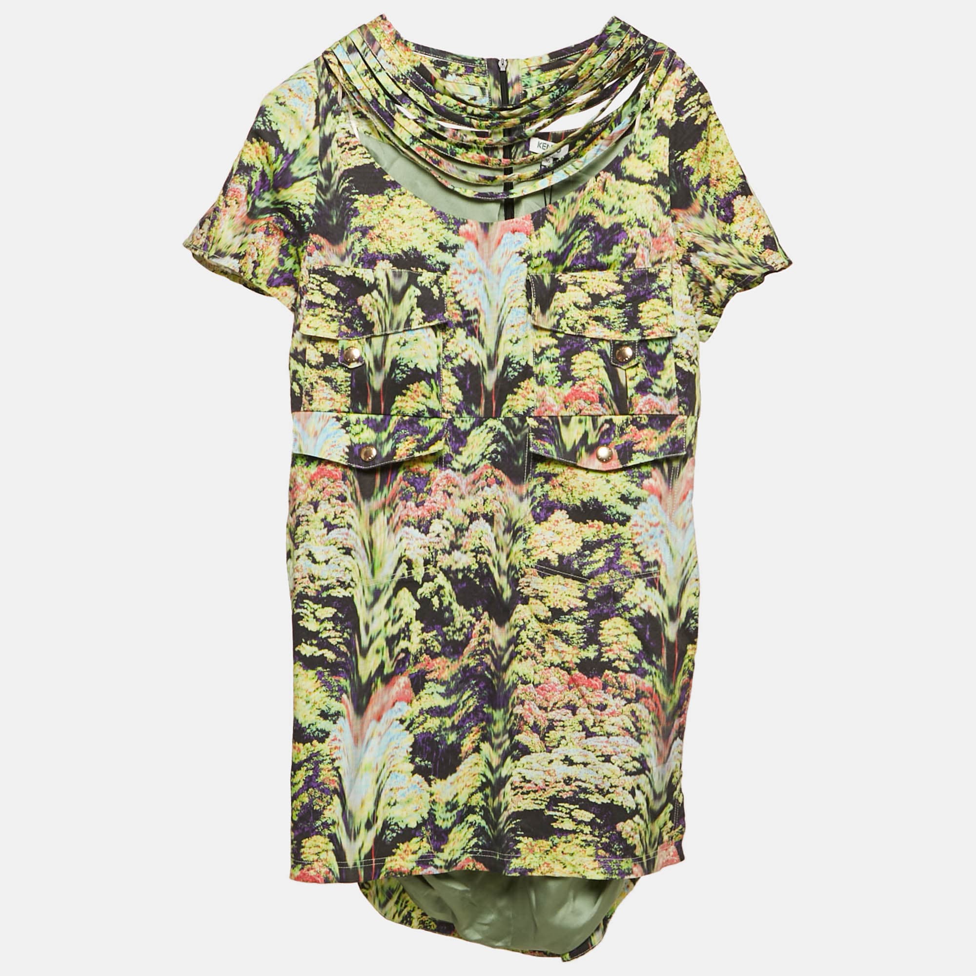Kenzo Green Abstract Crepe Cut-Out Neck Detail Mini Dress S
