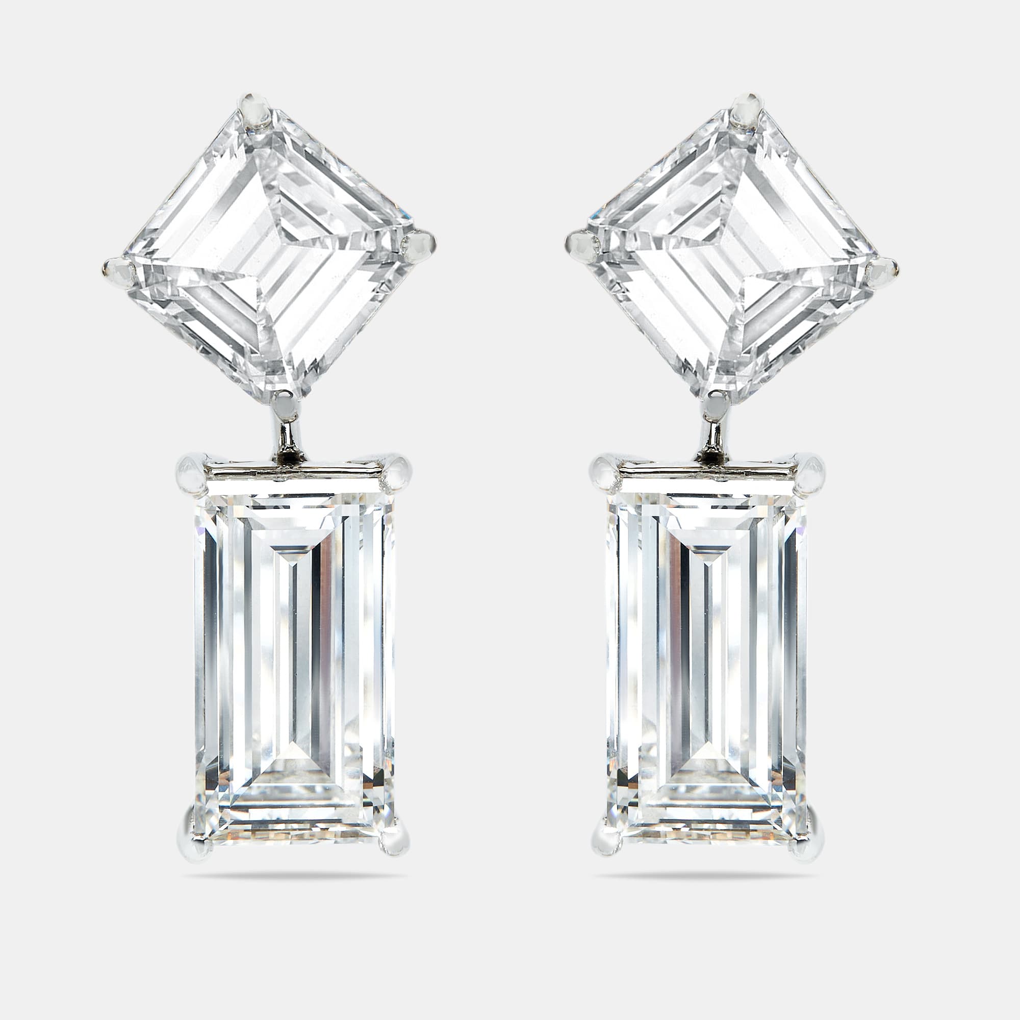 24.25 cts Asscher and Baguette Cut Lab Grown Diamond 18k White Gold Earrings