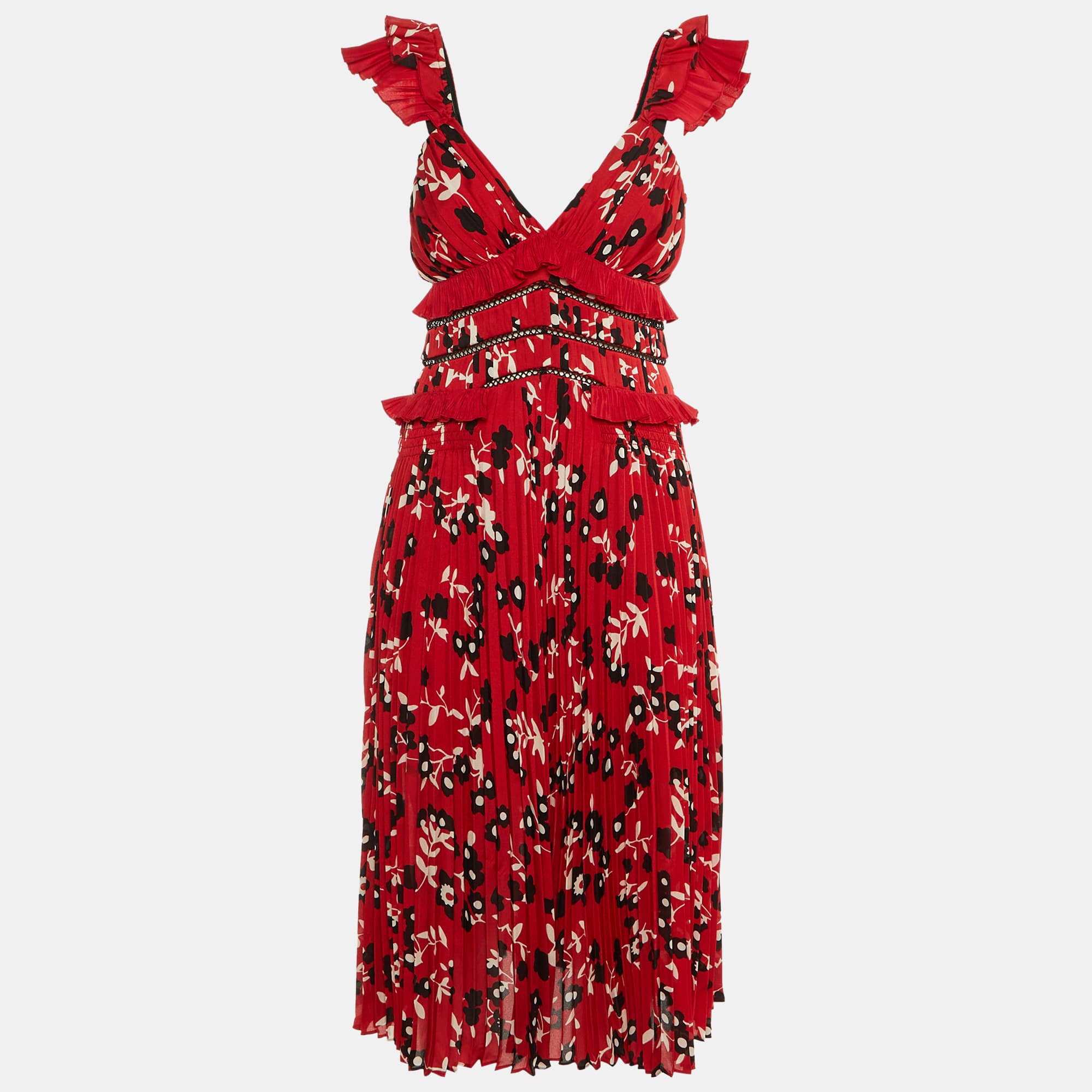 Self-Portrait Red Floral Print Crepe Ruffled Midi Dress S