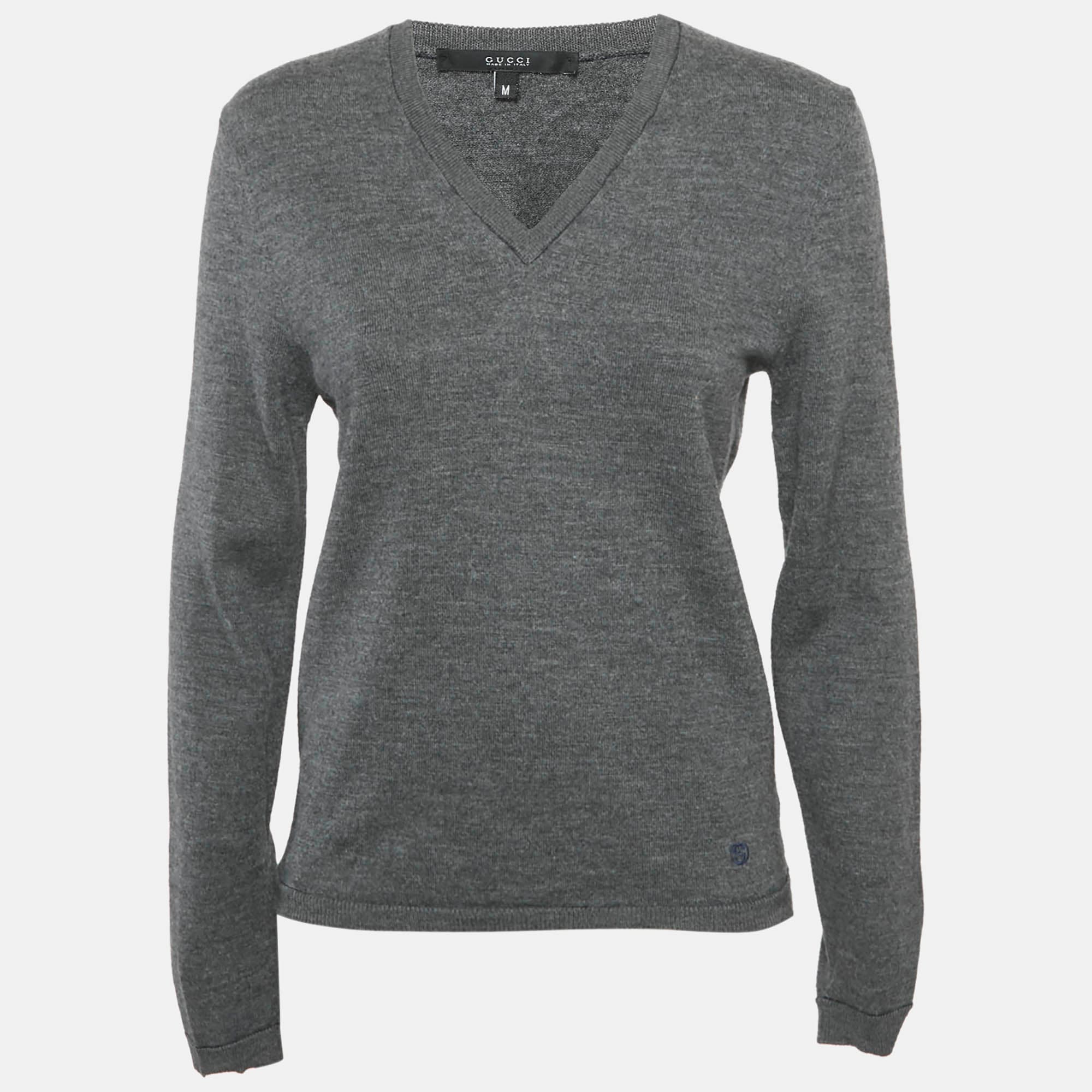 Gucci Grey Wool V-Neck Long Sleeve Sweater M