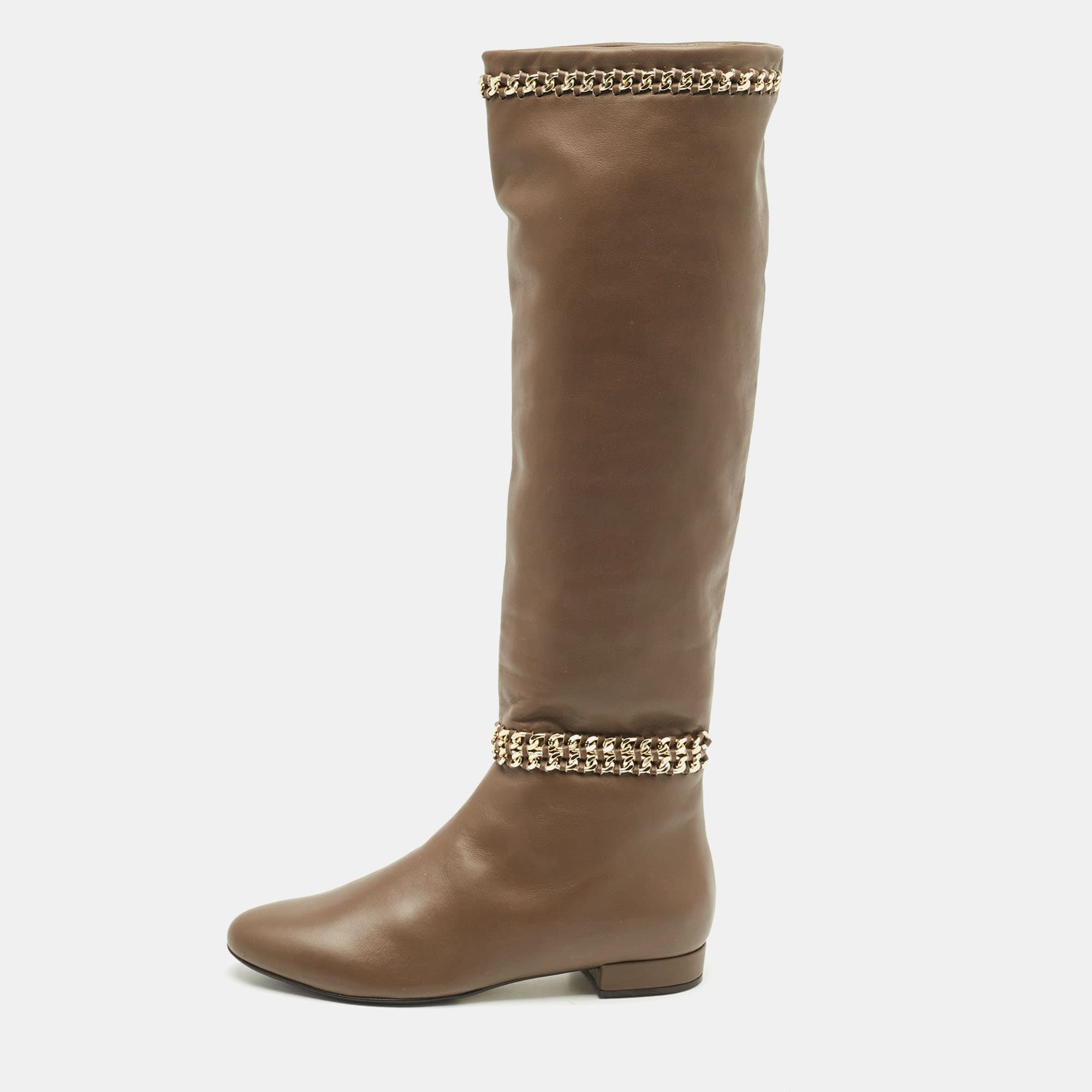 Le Silla Brown Leather Chain Detail Knee High Boots Size 37.5