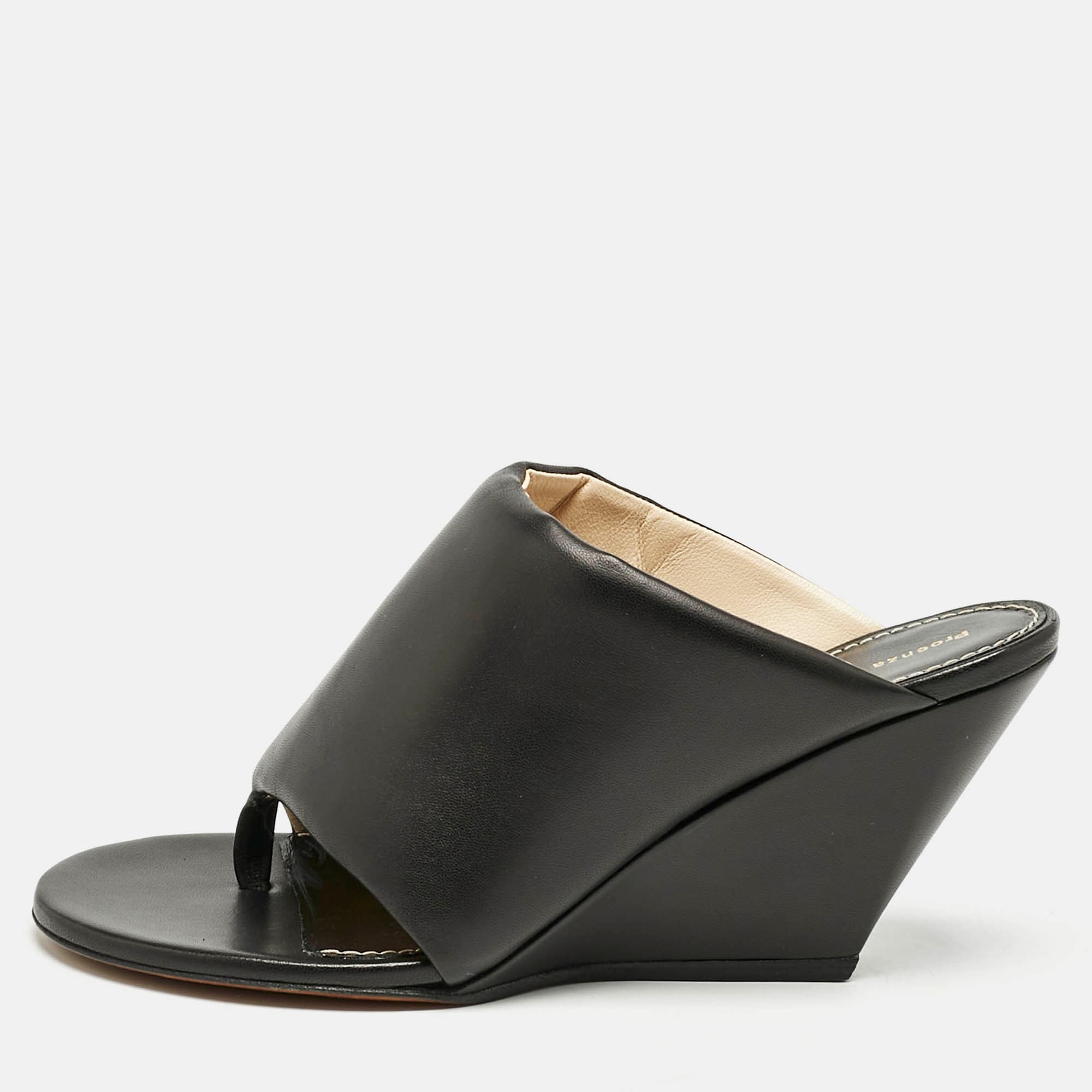 Proenza Schouler Black Leather Slant Wedge Tong Sandals Size 38.5