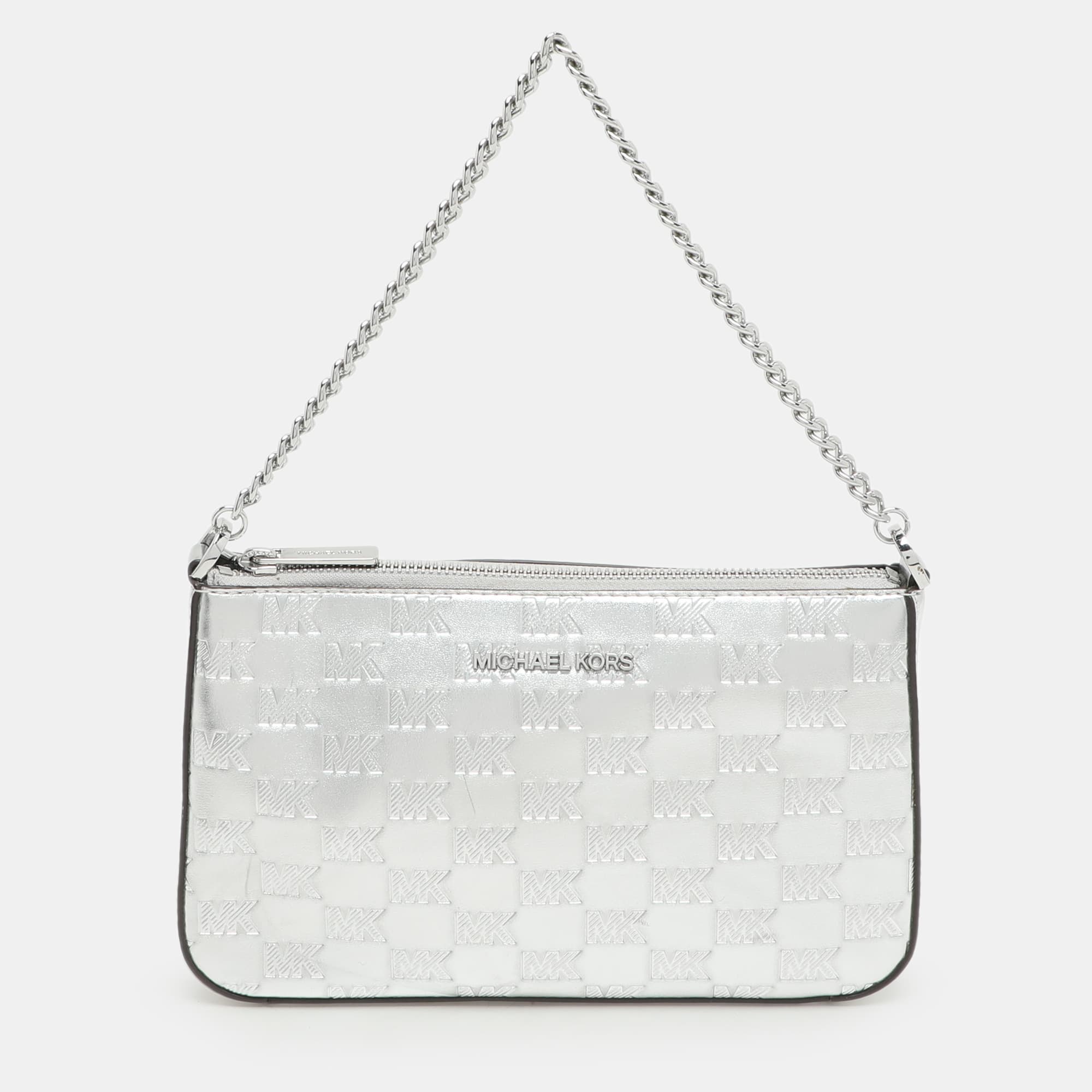 Michael Kors Silver Logo Embossed Leather Jet Set Medium Crossbody Bag