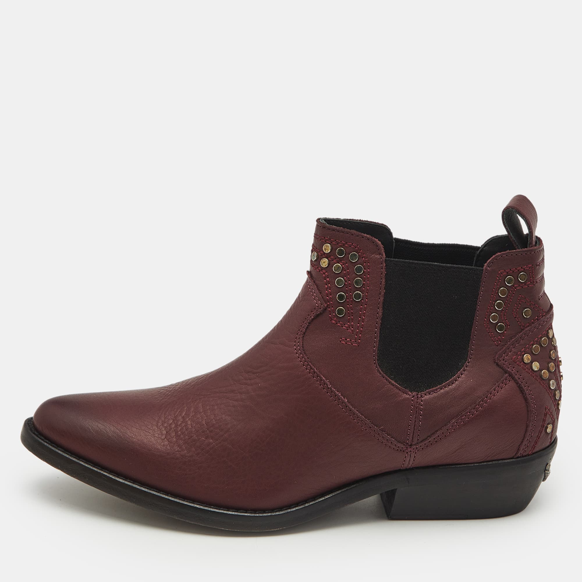 Zadig & Voltaire Burgundy Leather Thylana Studded Ankle Boots Size 37