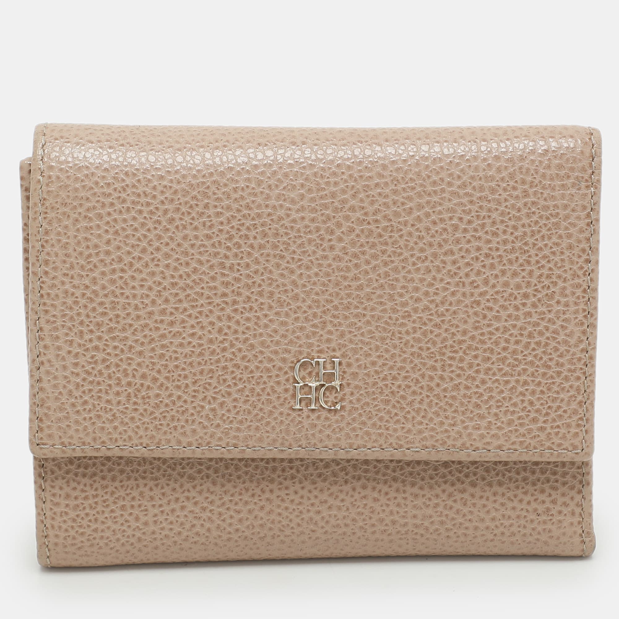 CH Carolina Herrera Beige Leather Trifold Wallet