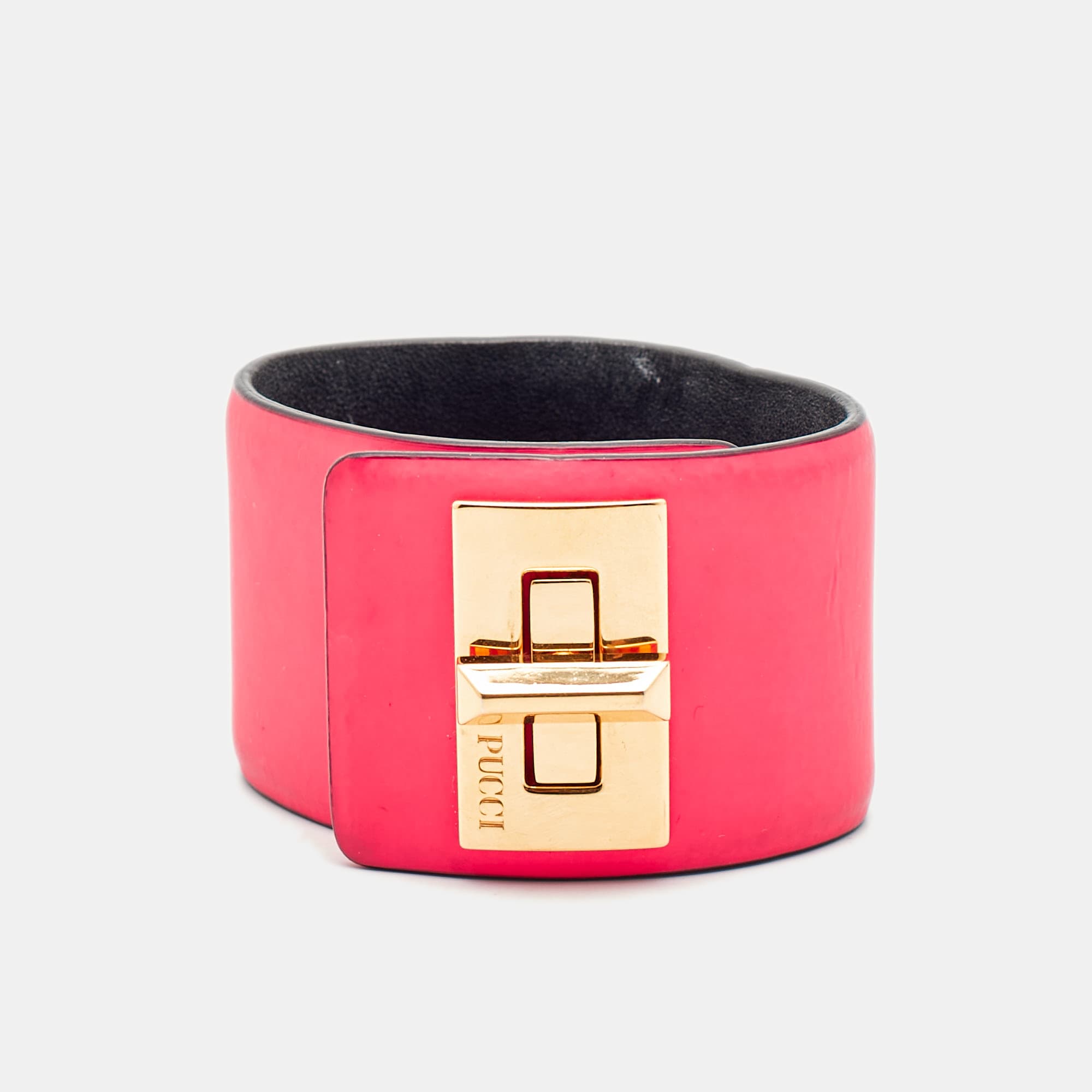Emilio Pucci Neon Pink Leather Turnlock Wrap Bracelet S