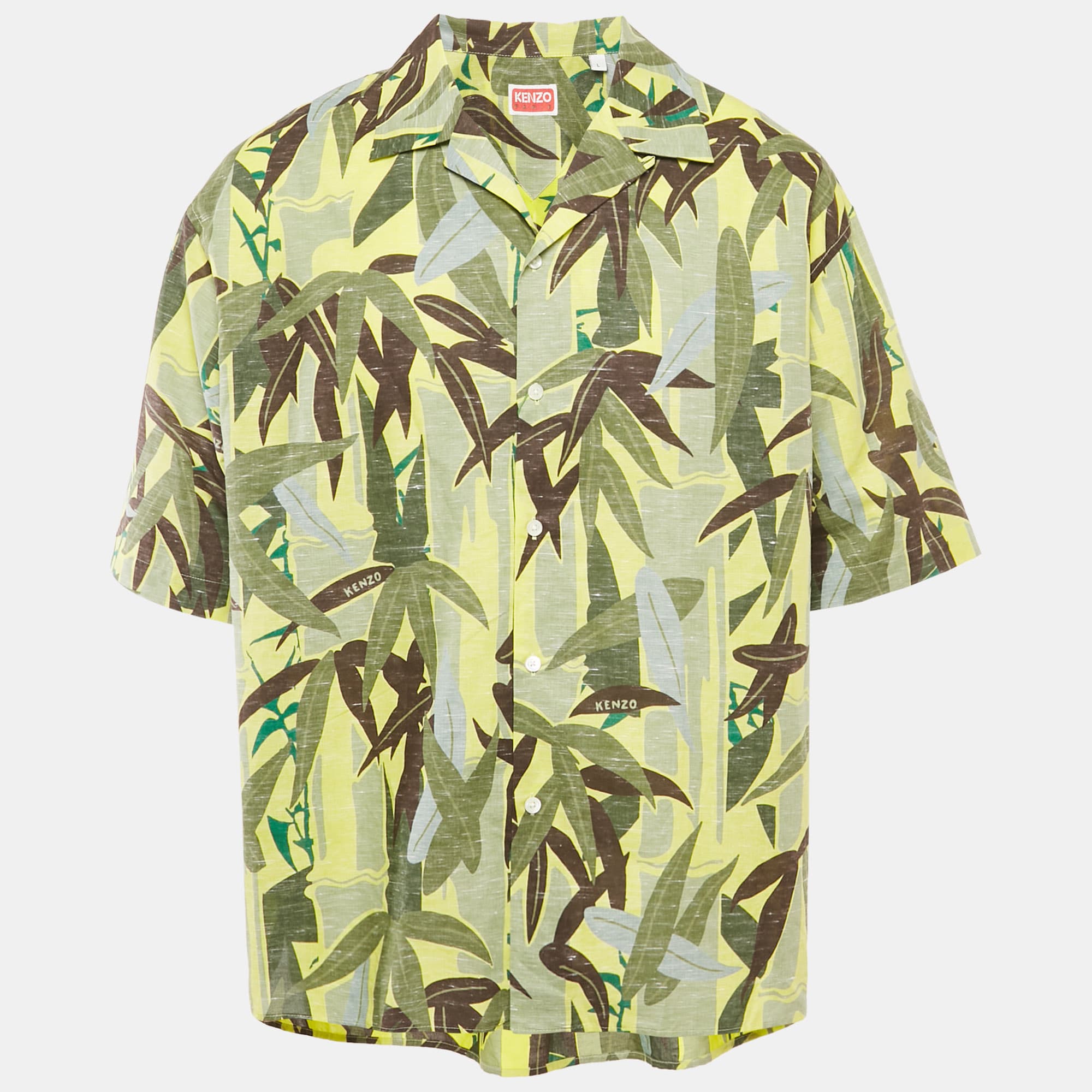 Kenzo Green Leaf Print Cotton Blend Short Sleeve Shirt L