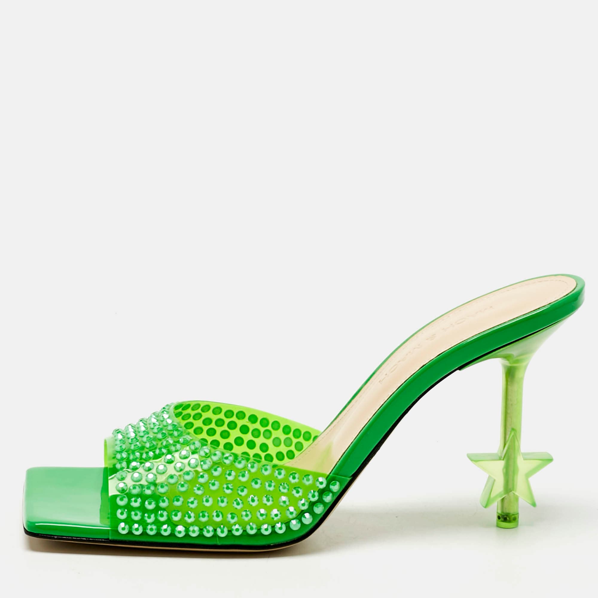Mach & Mach Green PVC Crystal Embellished Star Slide Sandals Size 36