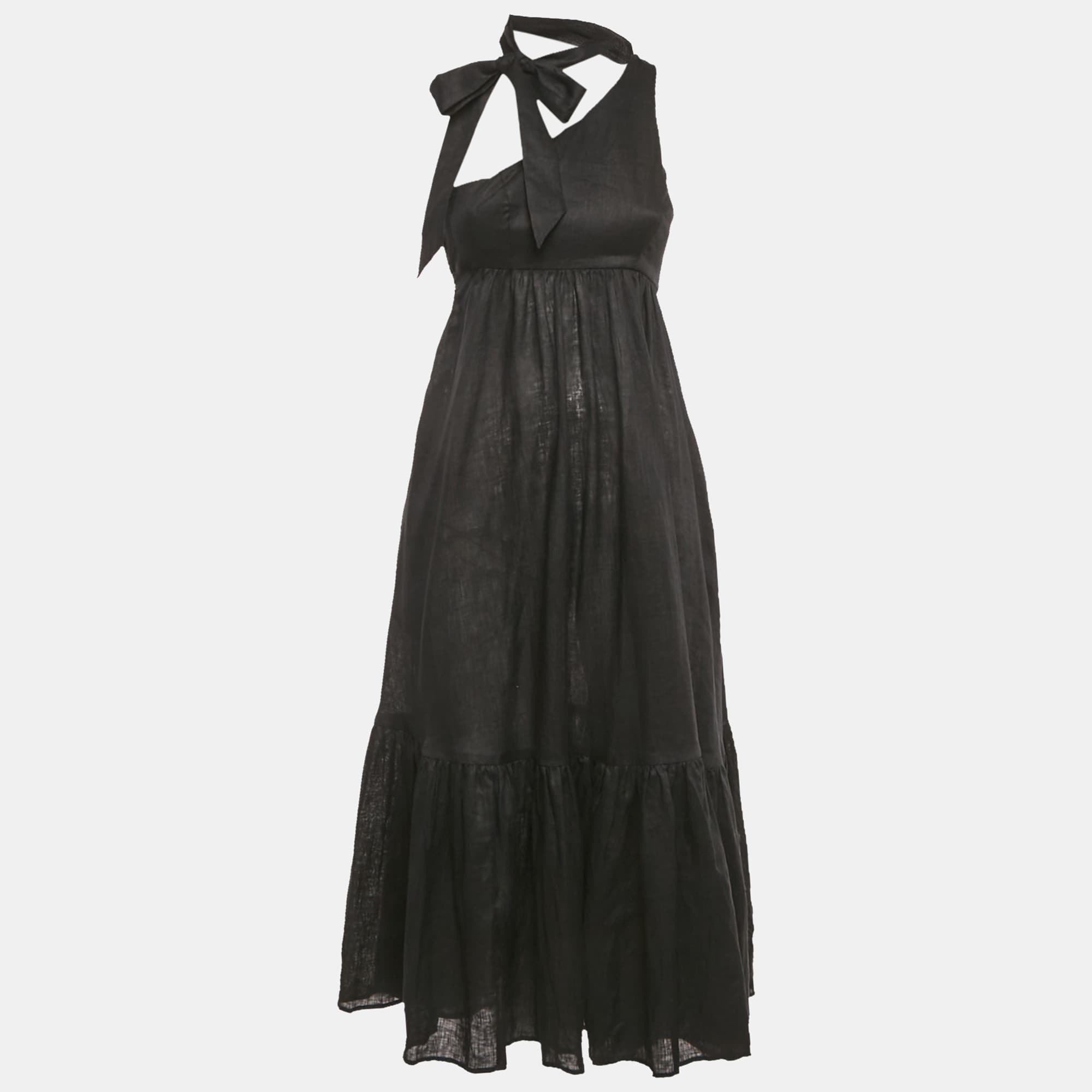 Zimmermann Black Linen Tie Neck Detail Empire Mid Dress XS