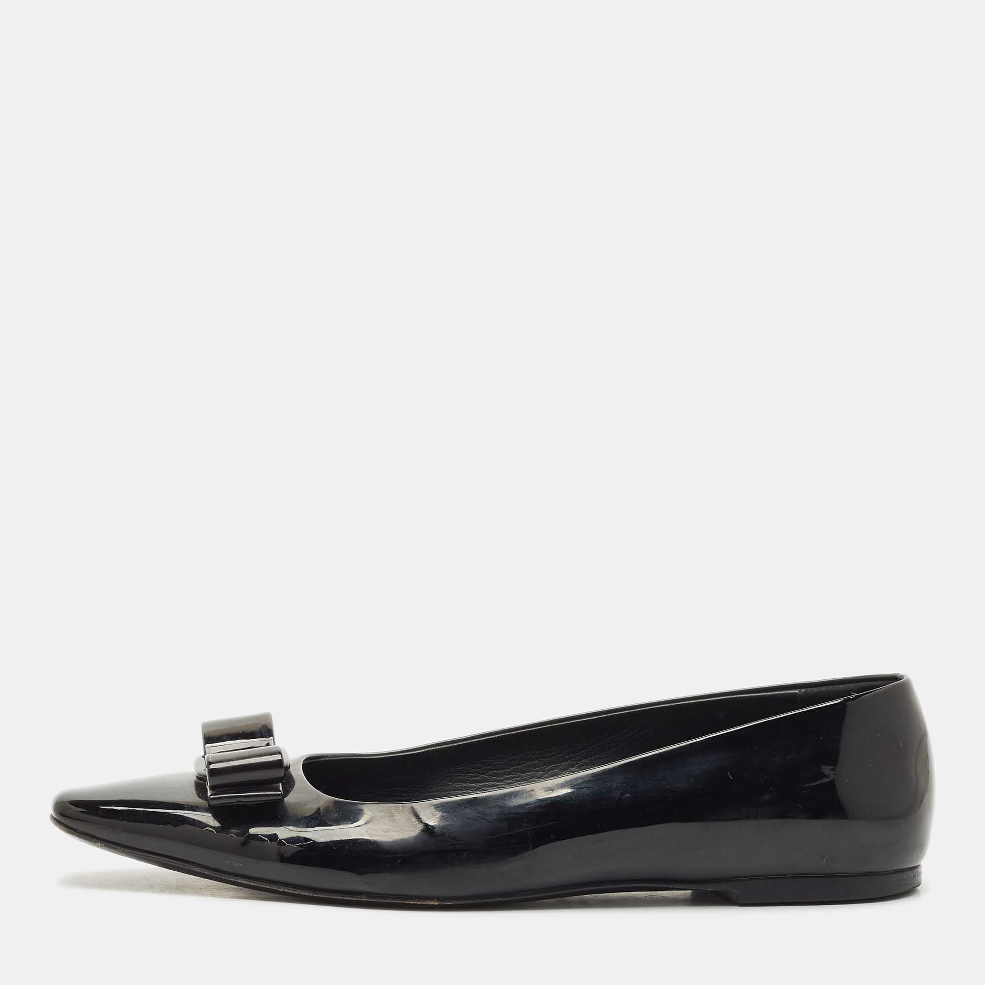 Salvatore Ferragamo Black Patent Leather Vara Bow Ballet Flats Size 37