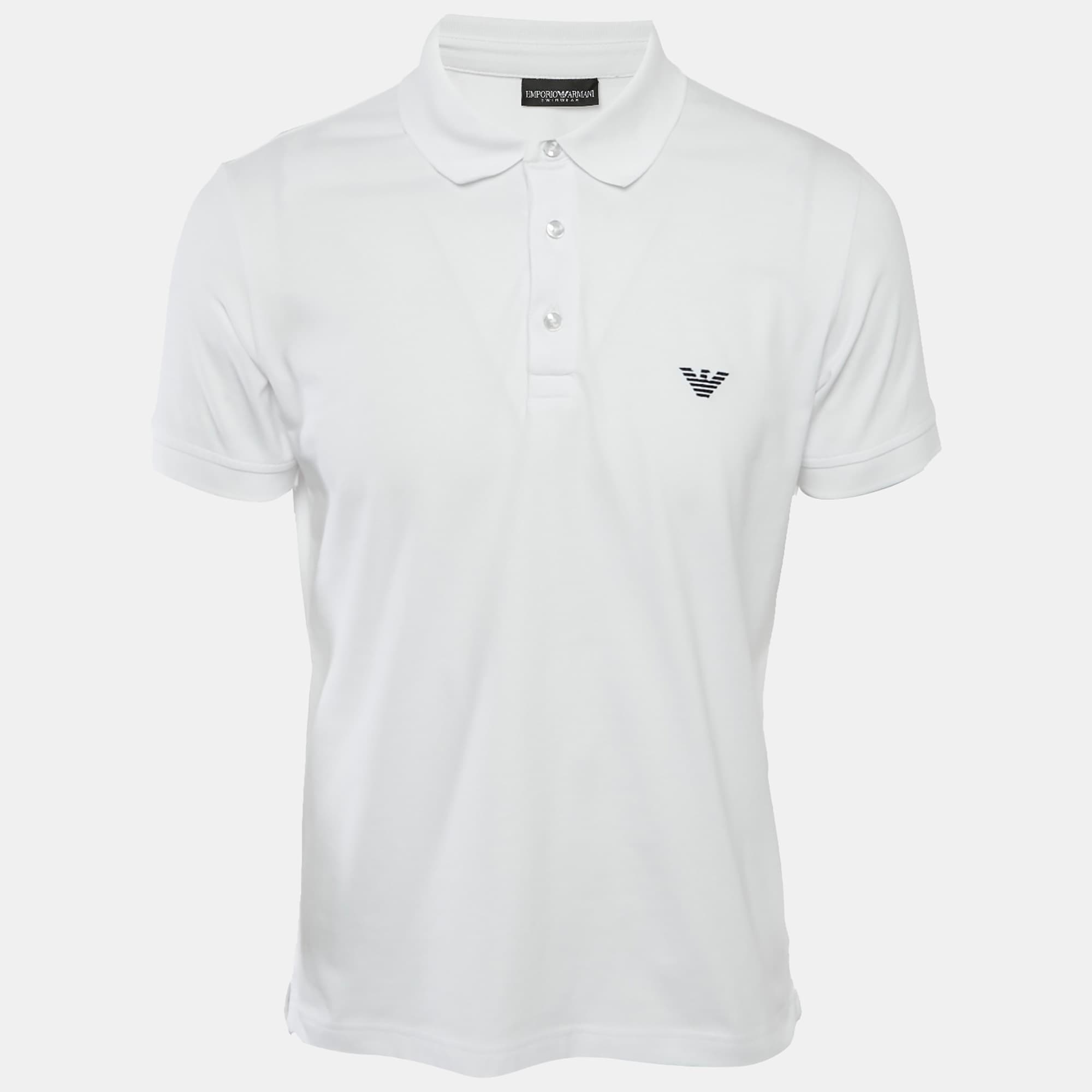 Emporio Armani Swimwear White Logo Embroidery Cotton Pique Polo T-Shirt M
