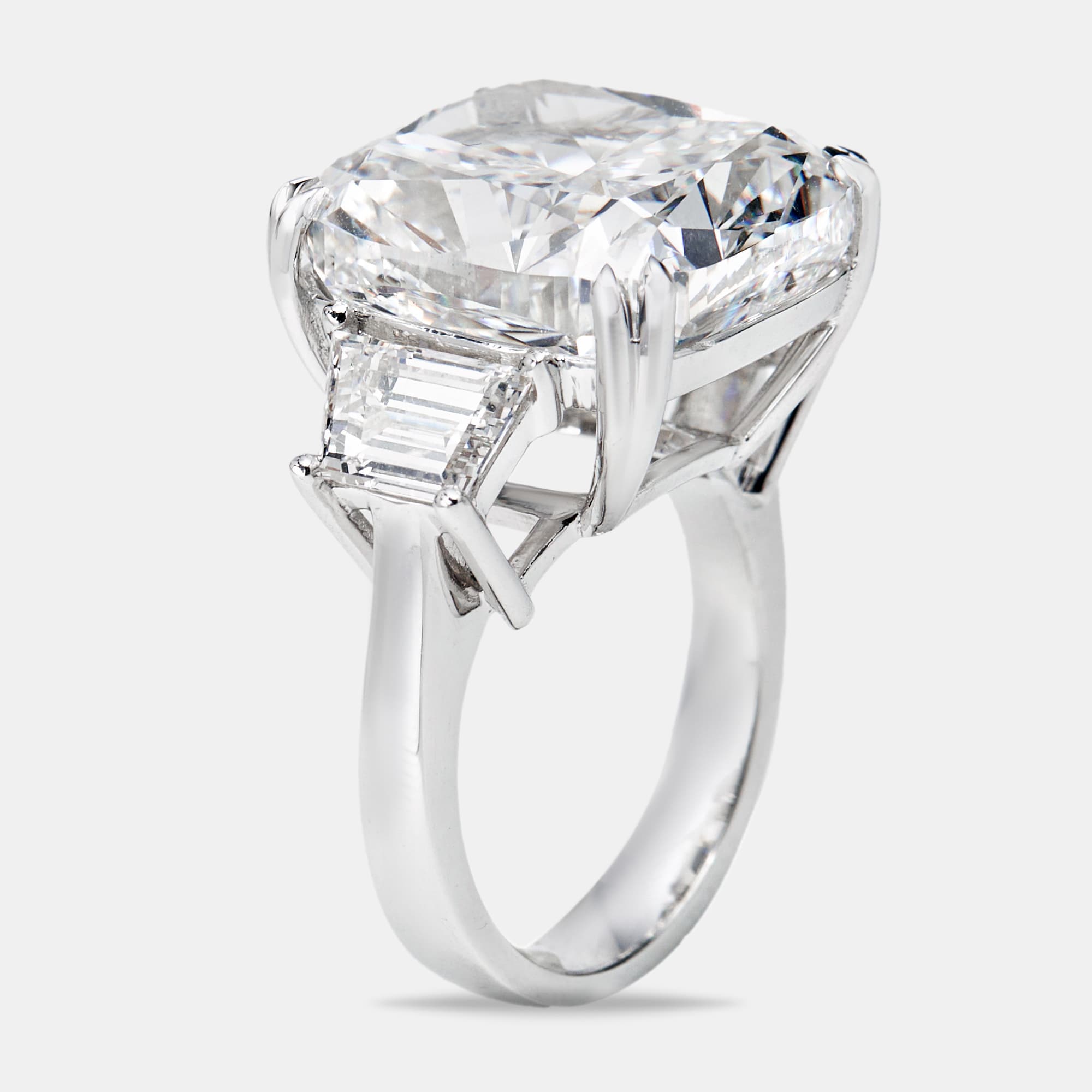 22.00 cts Cushion Cut and Trapezoid Lab Grown Diamond 18k White Gold Ring Size 51