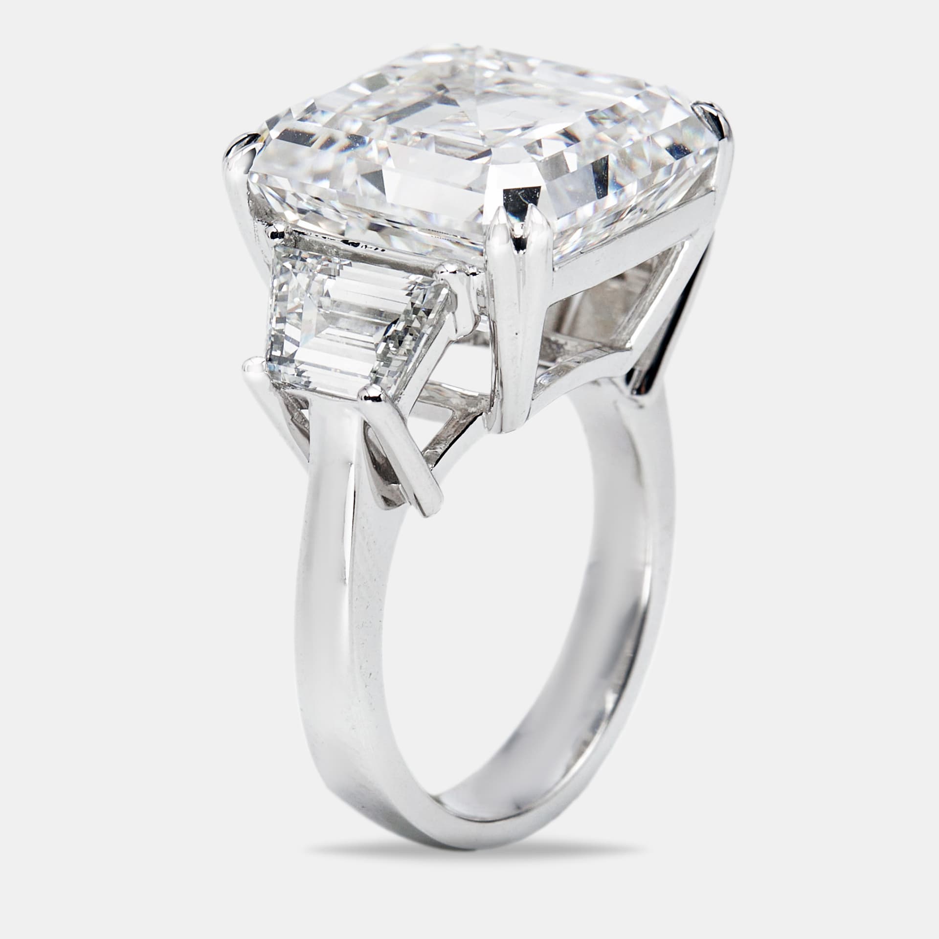 18.50 cts Asscher Cut and Trapezoid Lab Grown Diamond 18k White Gold Ring Size 53