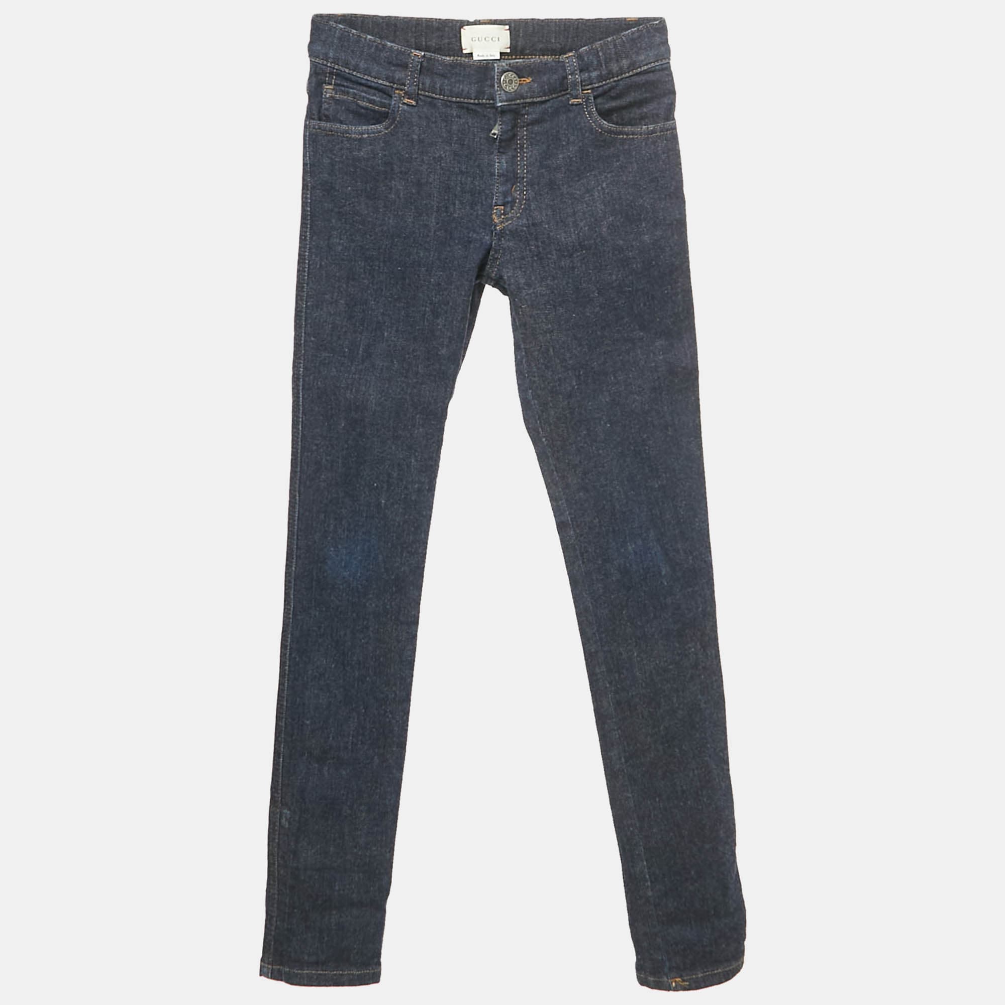 Gucci Navy Blue Web Trim Folded Hem Denim Jeans 10 Yrs 23"