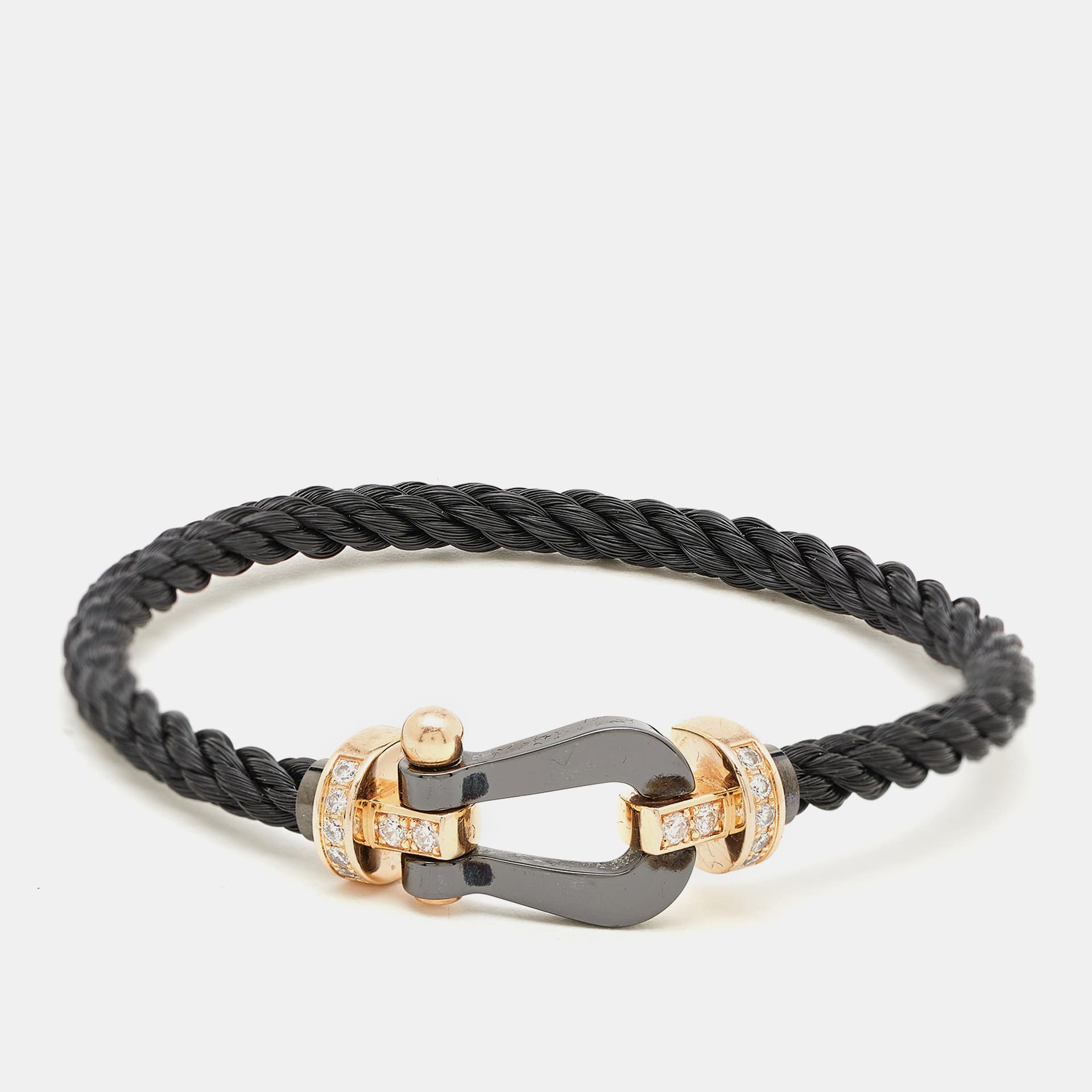 Fred Force 10 Diamond Ceramic 18k Rose Gold Black Cable Large Model Bracelet 16