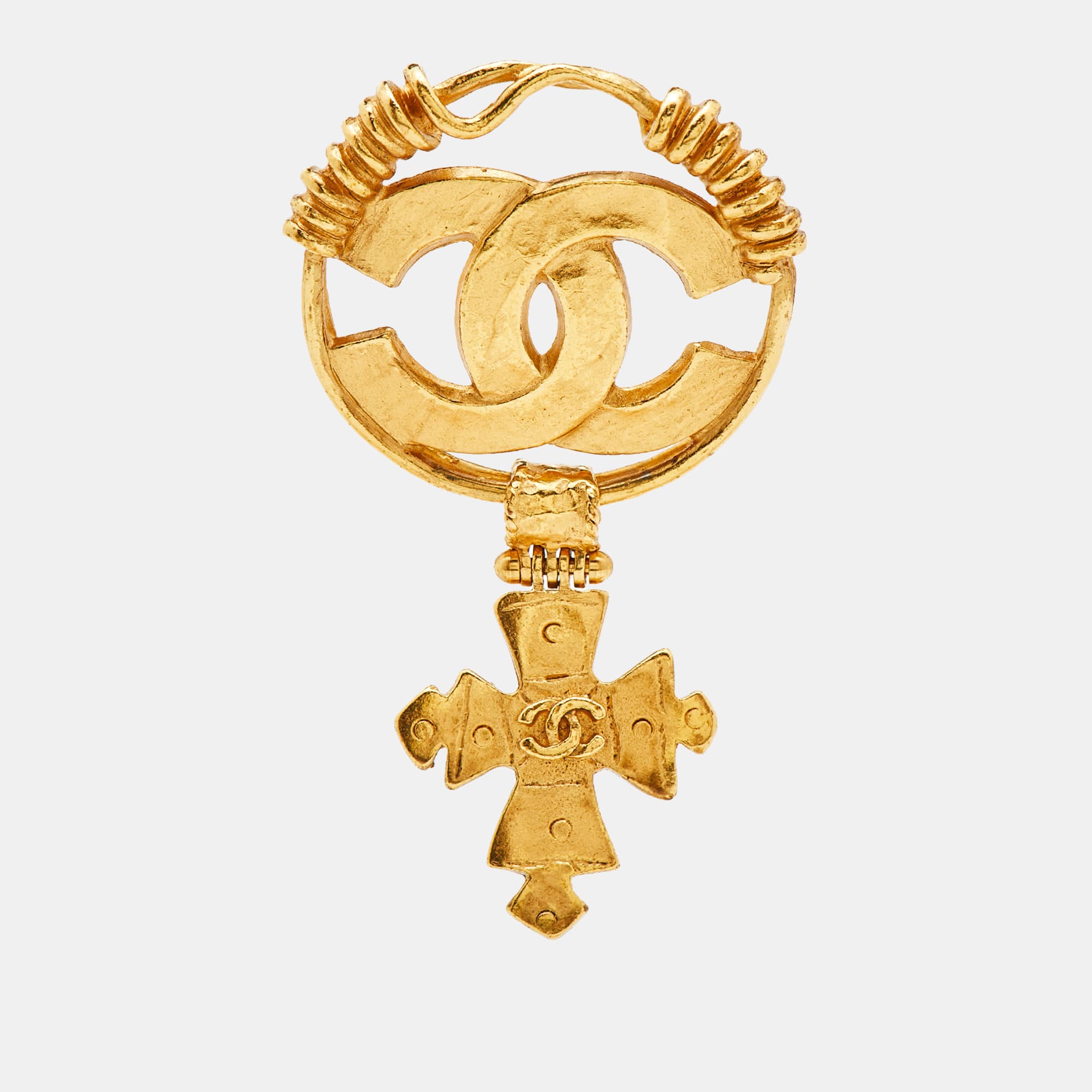 Chanel CC Logo Cross Drop Gold Tone Pin Brooch