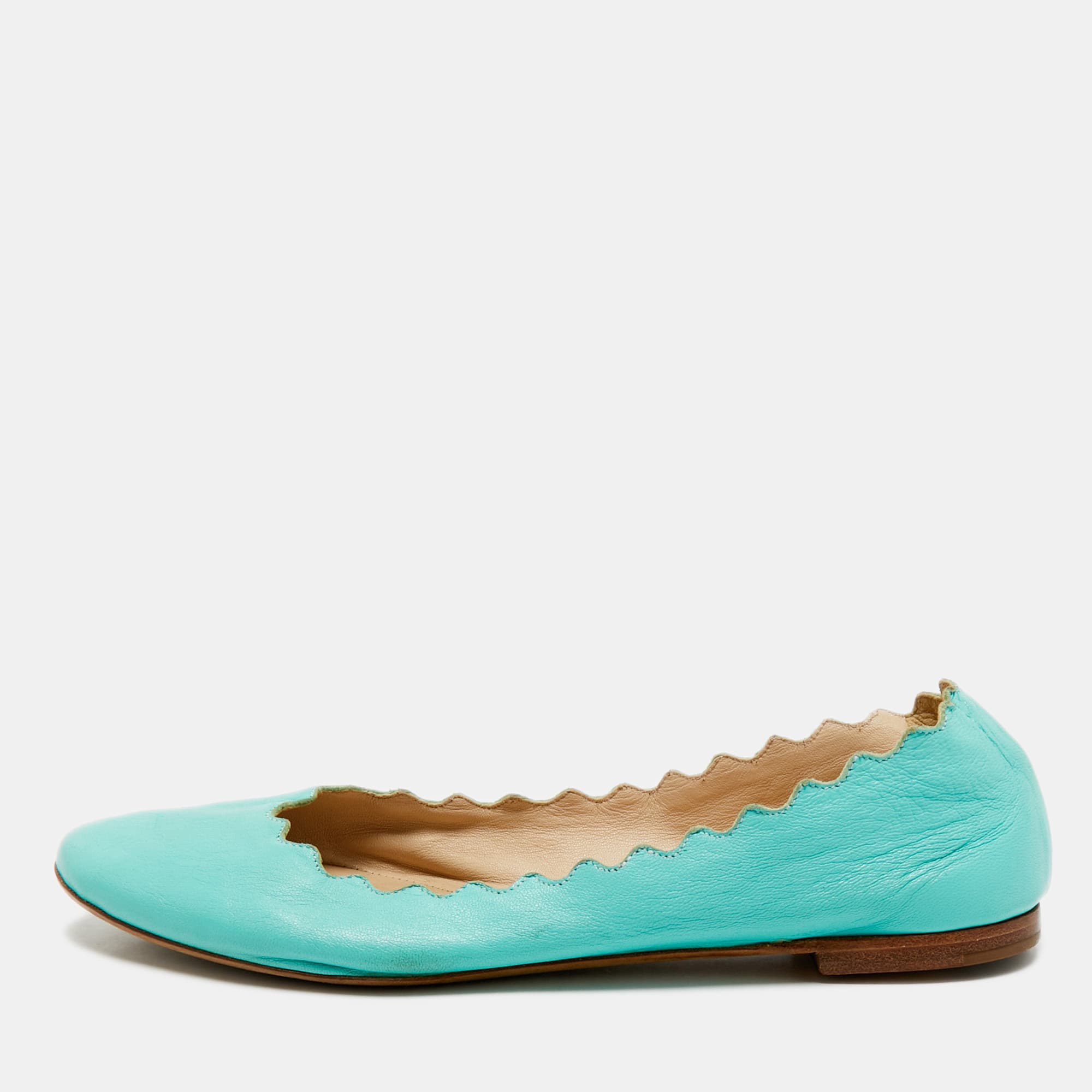 Chloe Turquoise Blue Leather Lauren Scalloped Ballet Flats Size 37