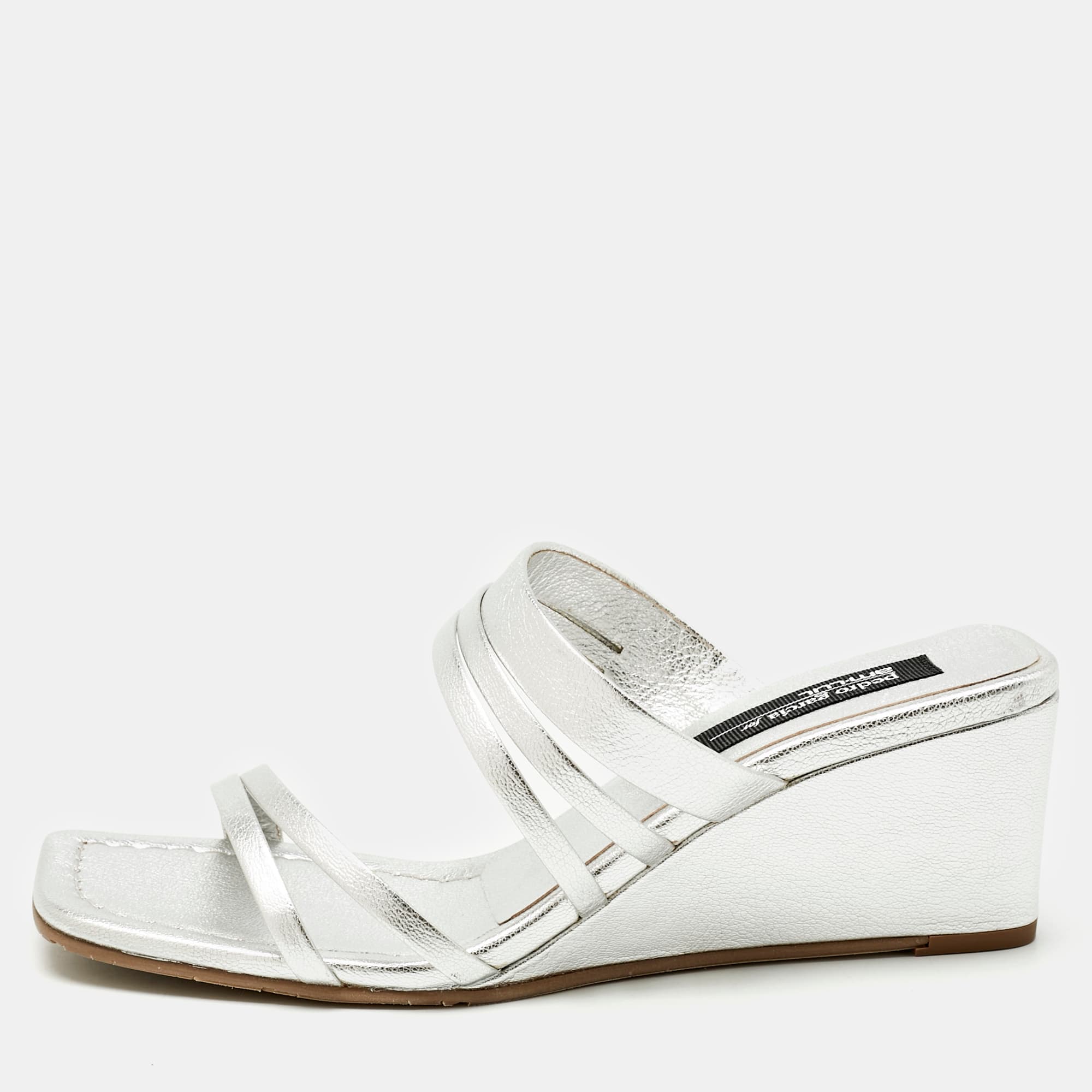 Pedro Garcia Silver Leather Barbaria Wedge Sandals Size 38