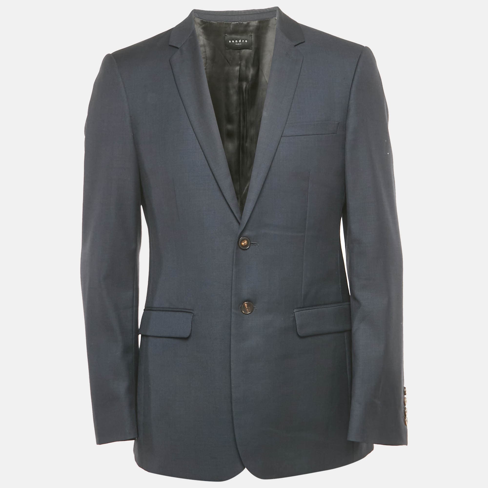 Sandro Navy Blue Wool Tailored Blazer L