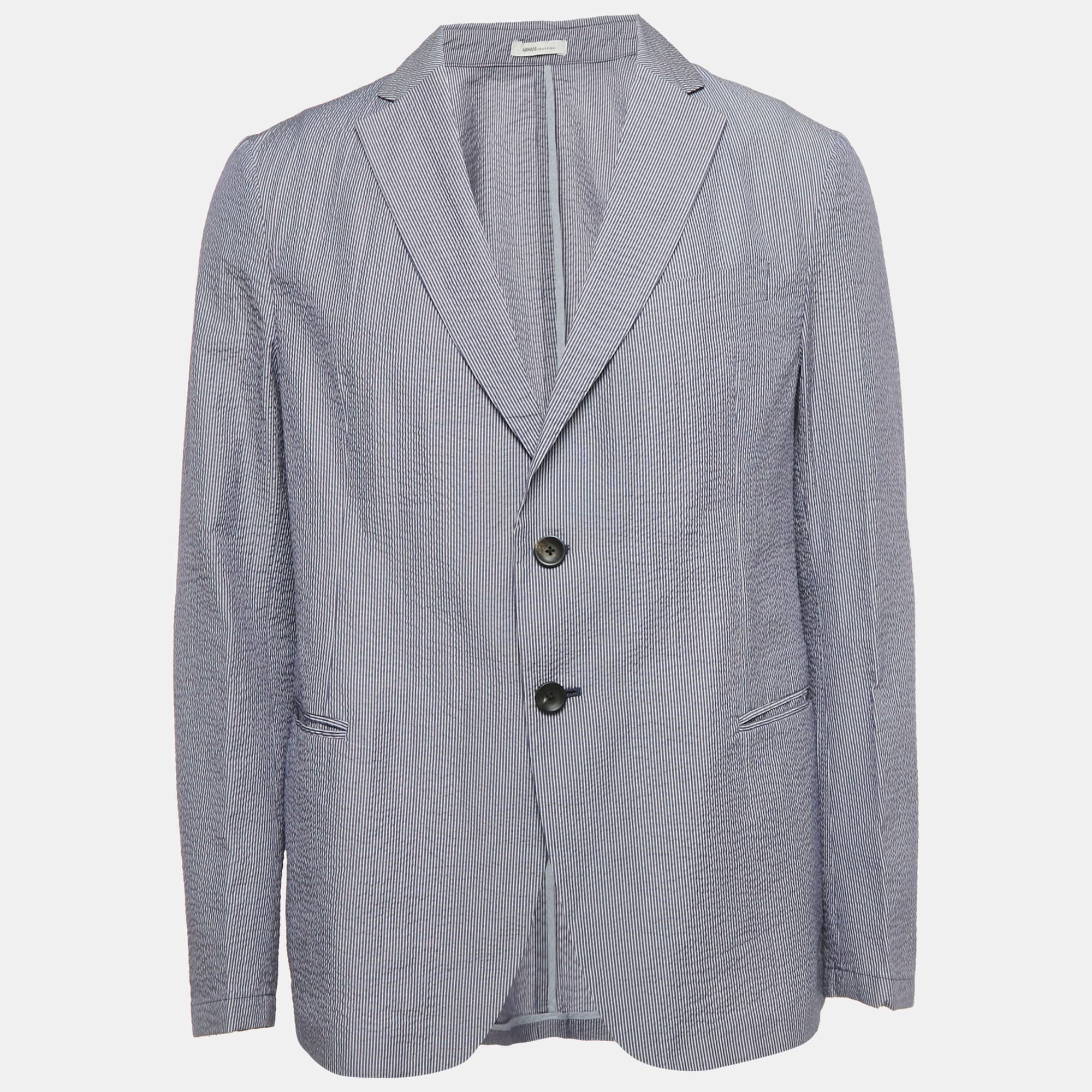 Armani Collezioni Blue Stripe Seersucker Cotton Blazer XL