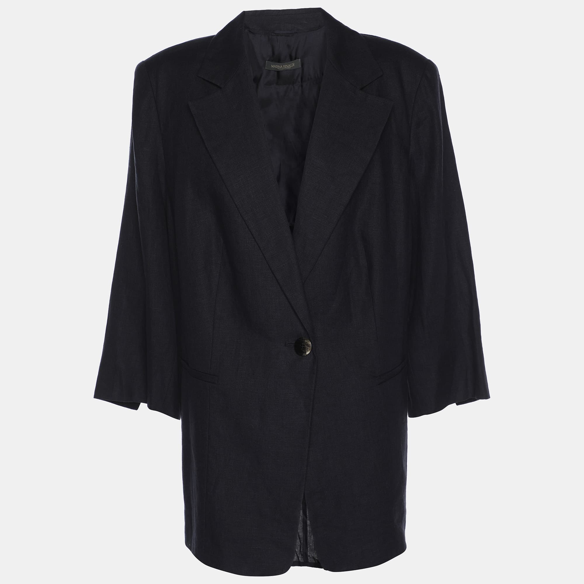 Marina Rinaldi Navy Blue Linen Single Breasted 3/4 Sleeve Blazer L