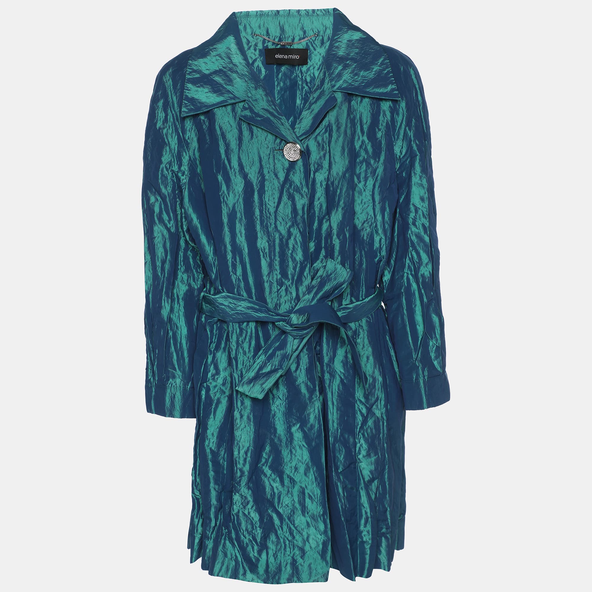 Elena Miro Metallic Green Taffeta Belted Trench Coat L