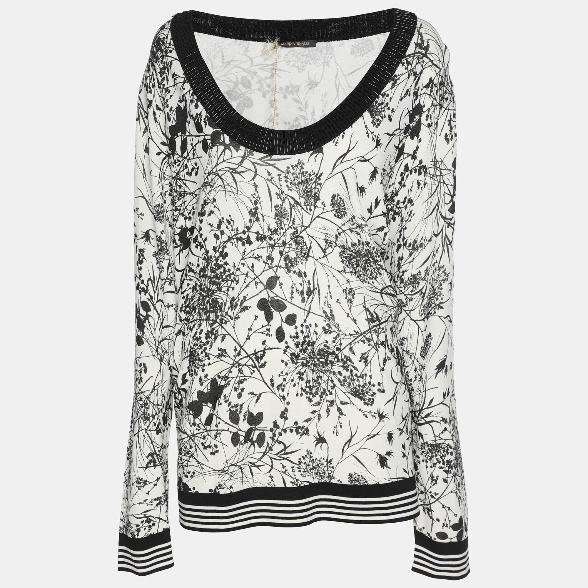 Marina Rinaldi White/Black Printed Knit Embellished Neck Top XL