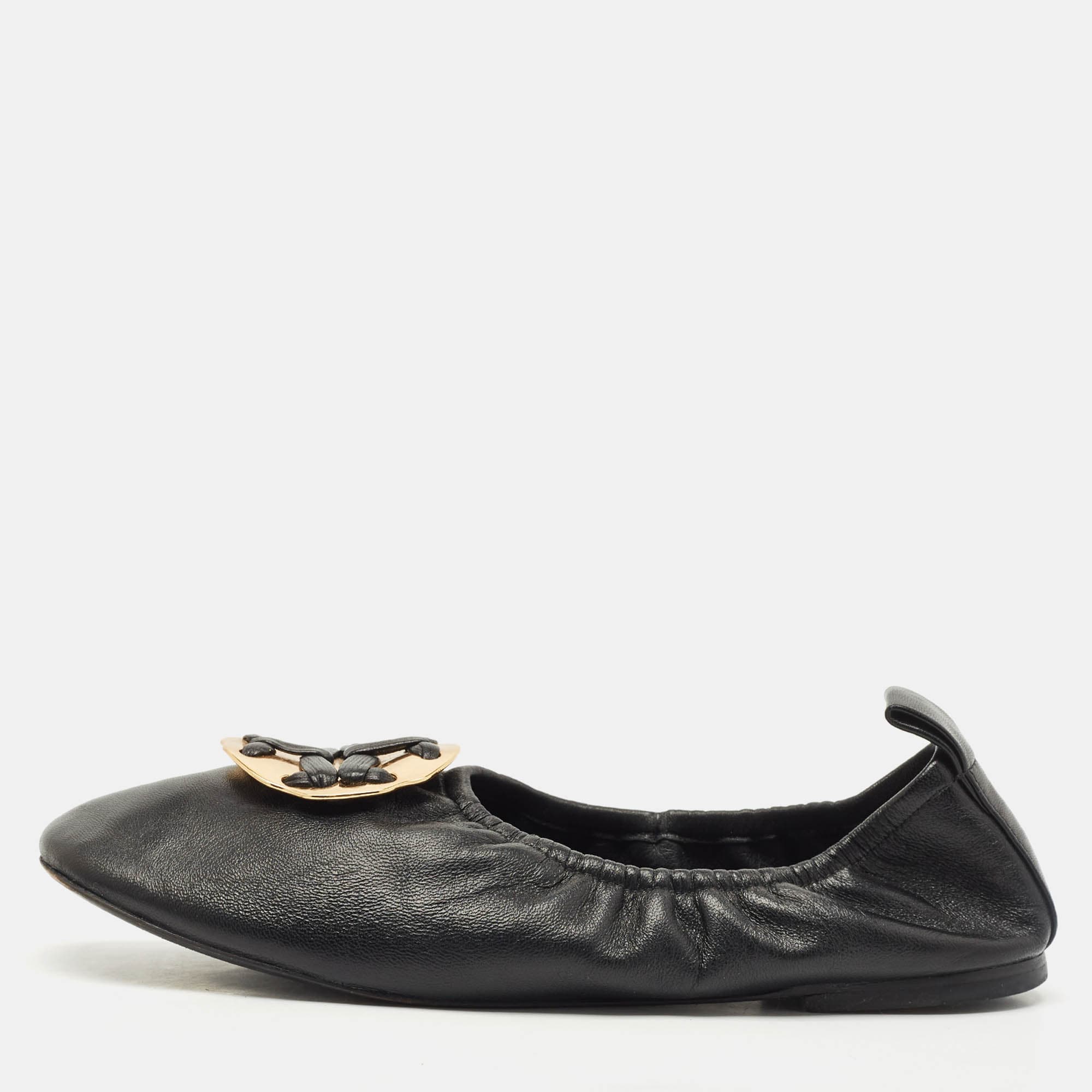 Tory Burch Black Leather Melinda Scrunch Ballet Flats Size 38.5