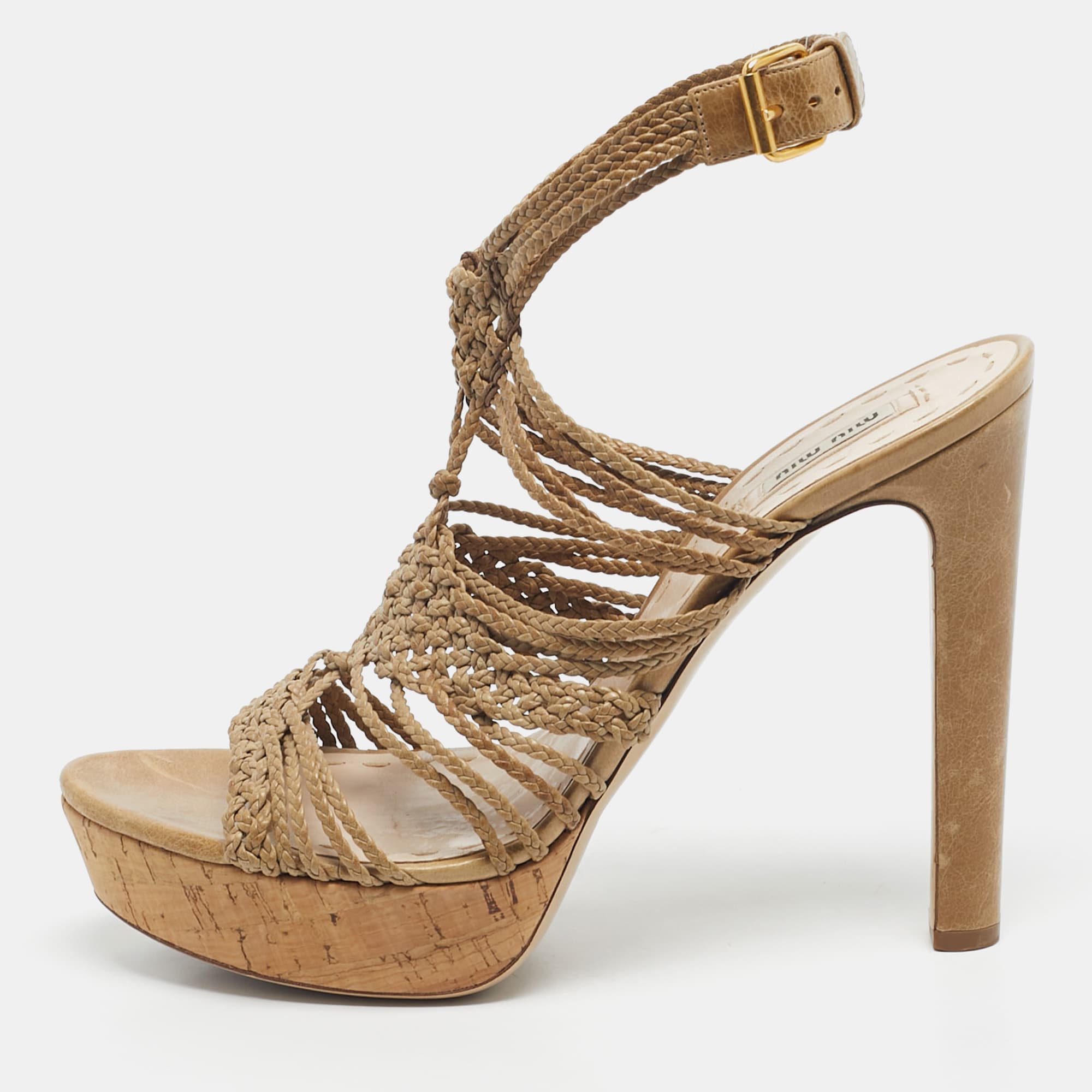 Miu Miu Woven Leather Ankle Strap Cork Platform Sandals Size 42