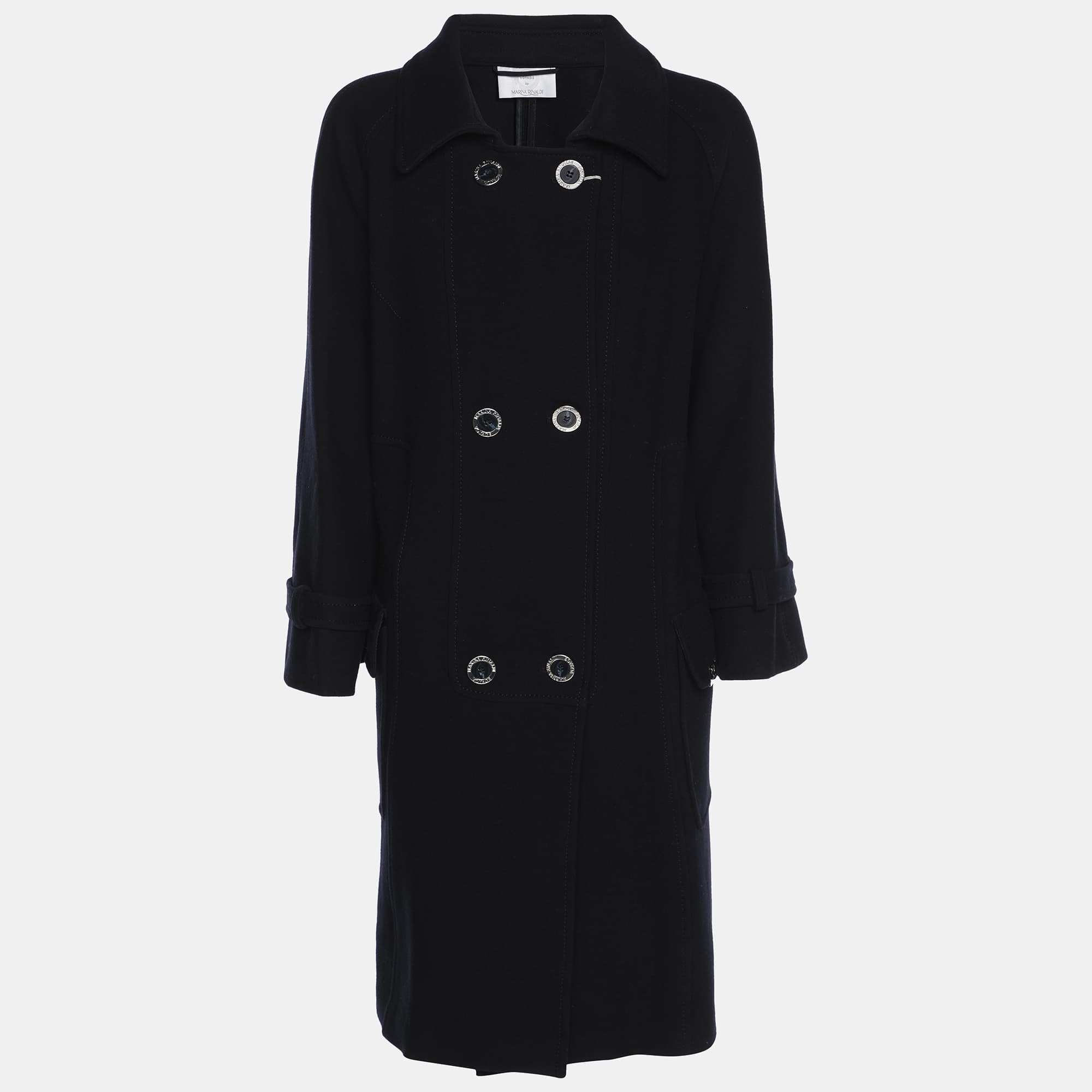 Voyage by Marina Rinaldi Navy Blue Wool Blend Double Breasted Long Jacket L