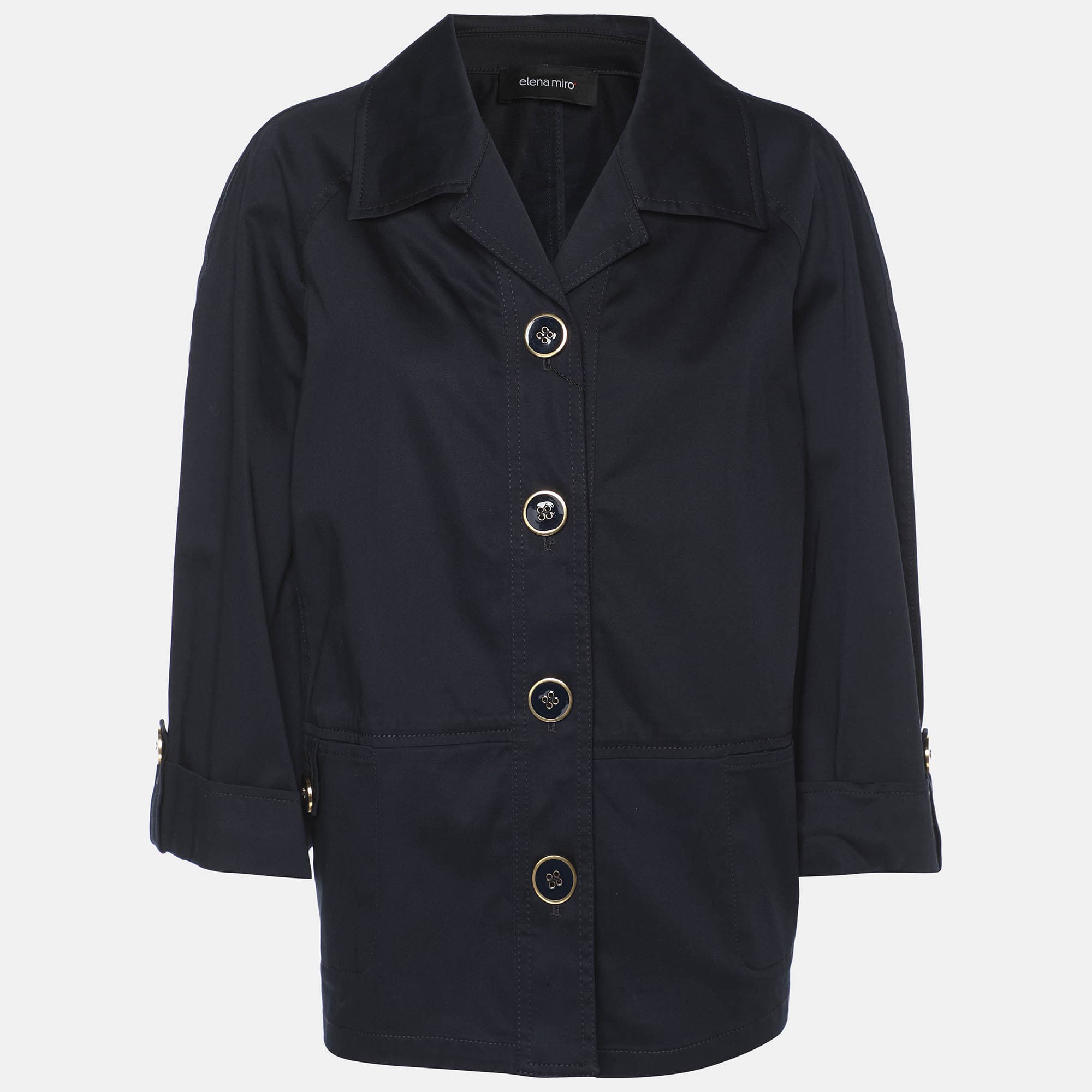 Elena Miro Navy Blue Stretch Cotton Single Breasted Short Coat L