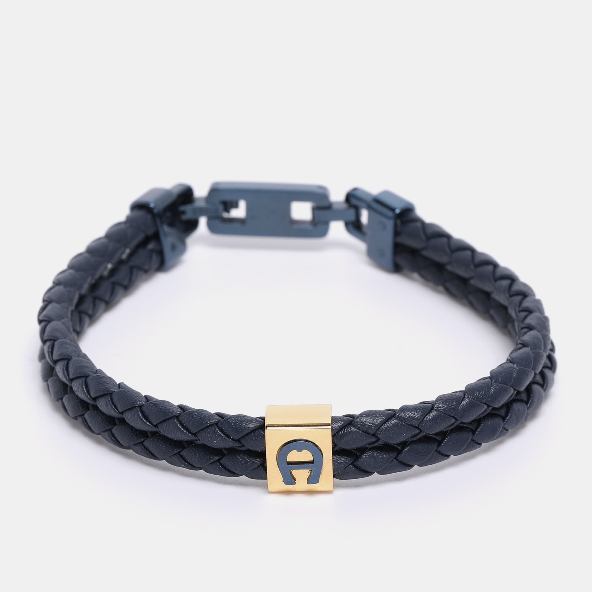 Aigner Navy Blue Leather Logo Cord Bracelet