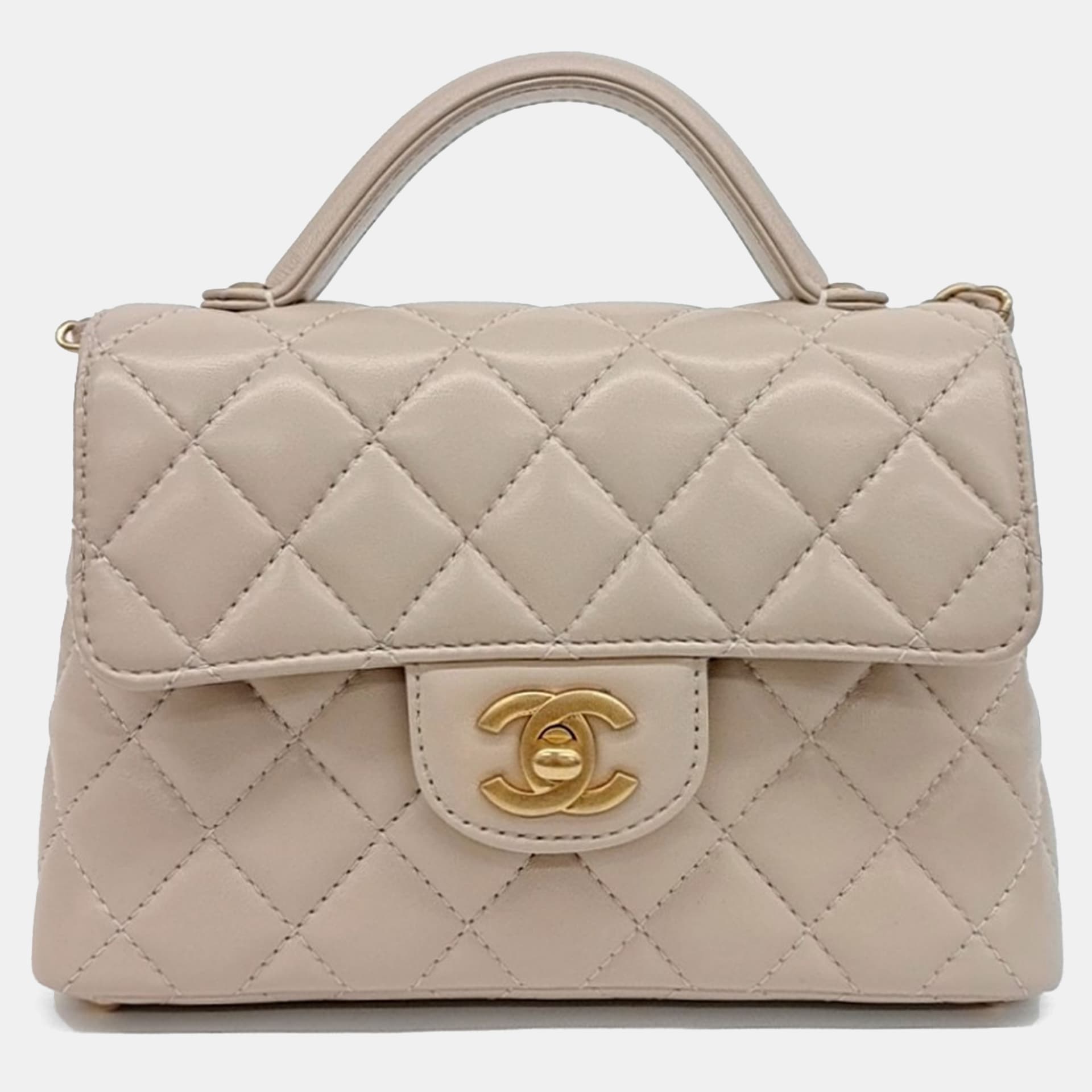 Chanel Mini Light Beige Lambskin Quilted Top Handle Flap Bag