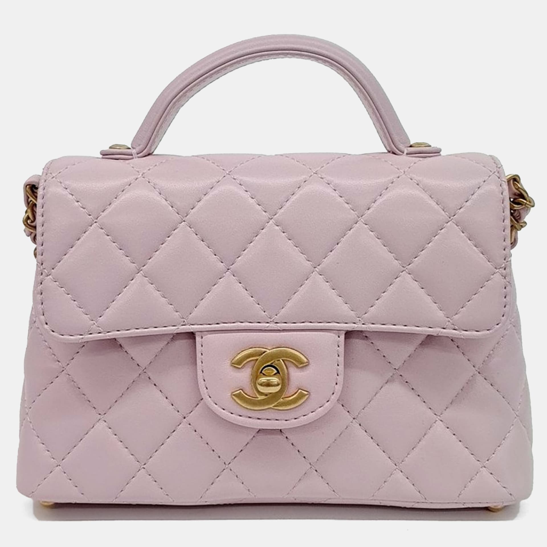 Chanel Quilted Mini Light Pink Lambskin Leather Top Handle Flap Bag
