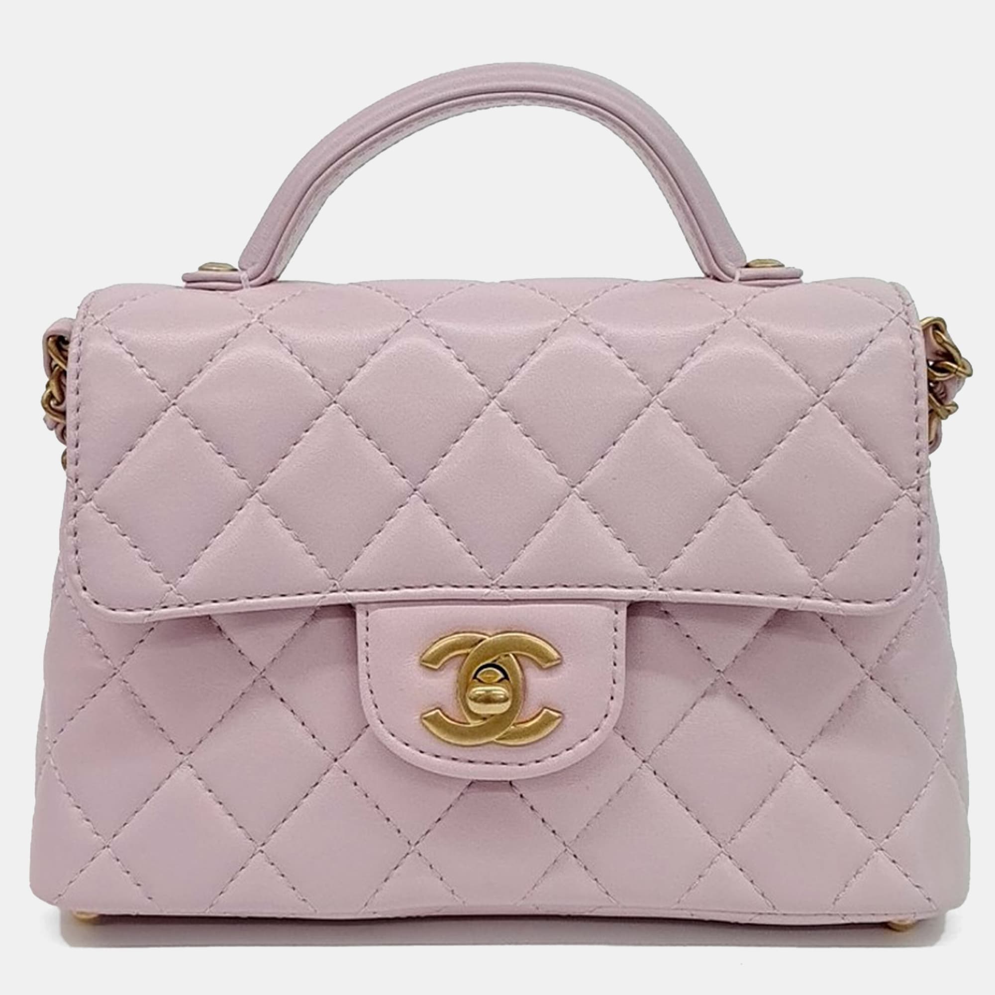 Chanel Pink Leather Small Top Handle Flap Bag