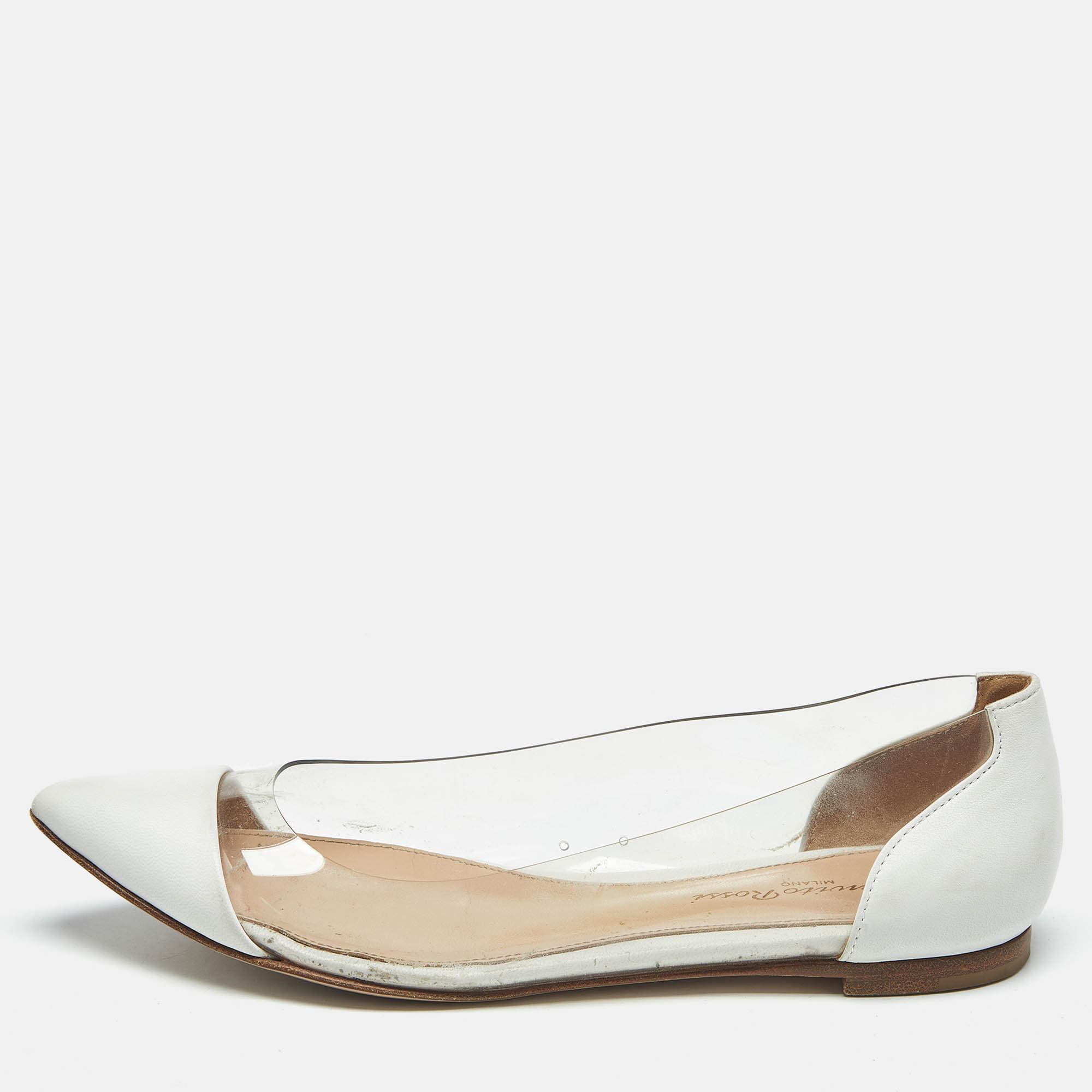 Gianvito Rossi White/Transparent Leather And PVC Plexi Pointed Toe Ballet Flats Size 35