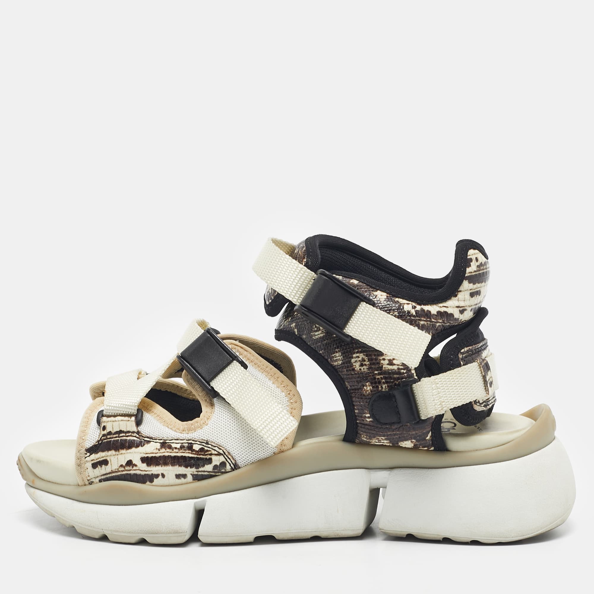 Chloe Beige/Brown Lizard Embossed Leather and Mesh Flat Sandals Size 36