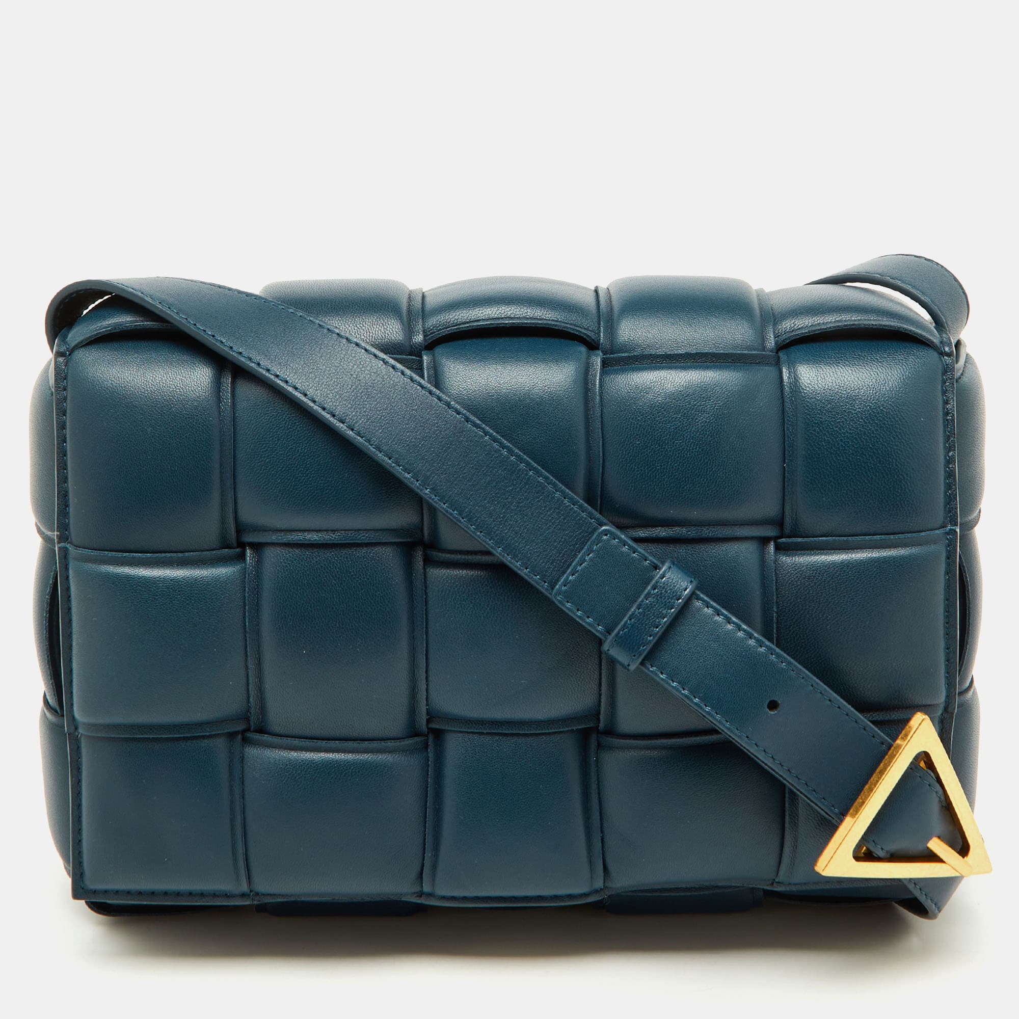 Bottega Veneta Cassette Padded Medium Blue Leather Shoulder Bags